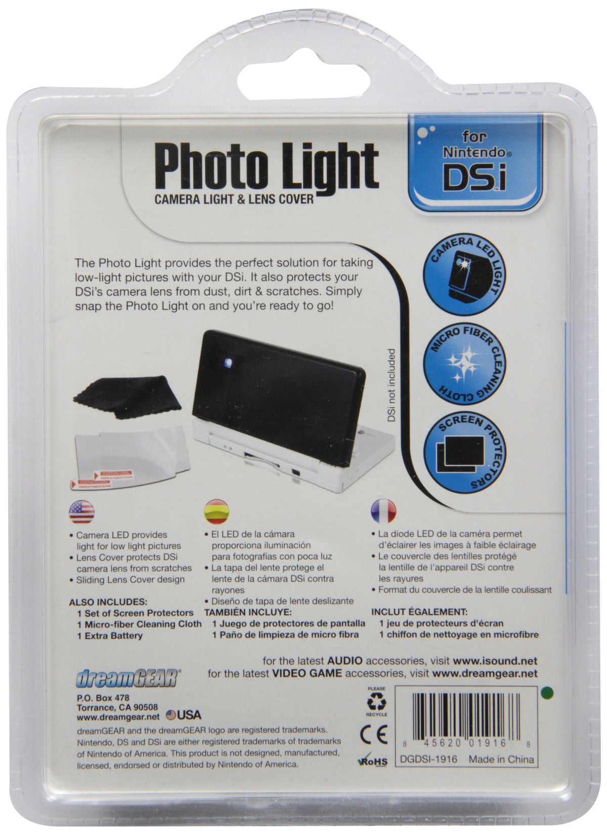 Back of the dreamGEAR Photo Light pack showing the light fitted to a DSi, cleaning cloth and screen protectors