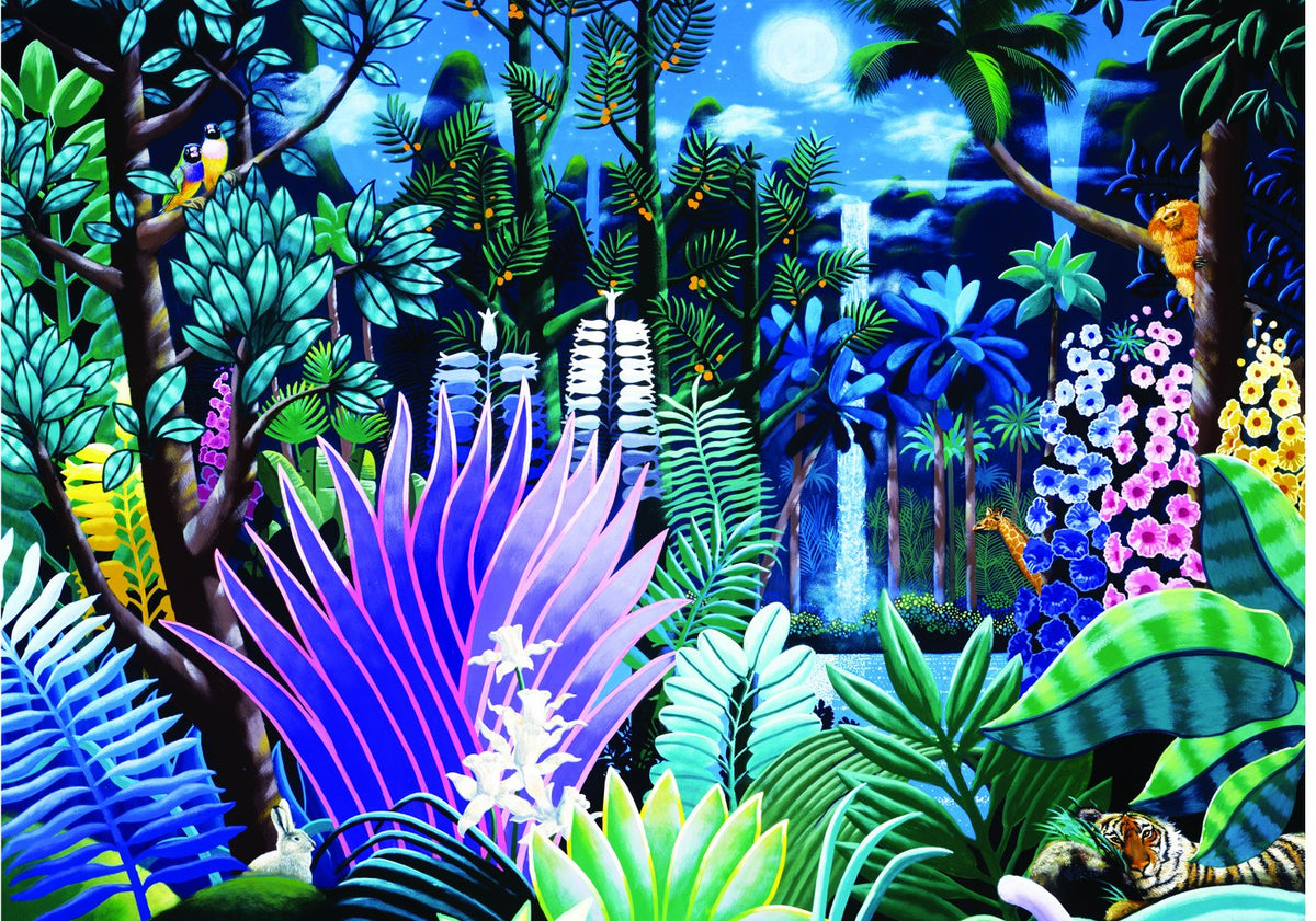 Moonlit rainforest artwork with blue and purple plants, a waterfall, birds and a tiger