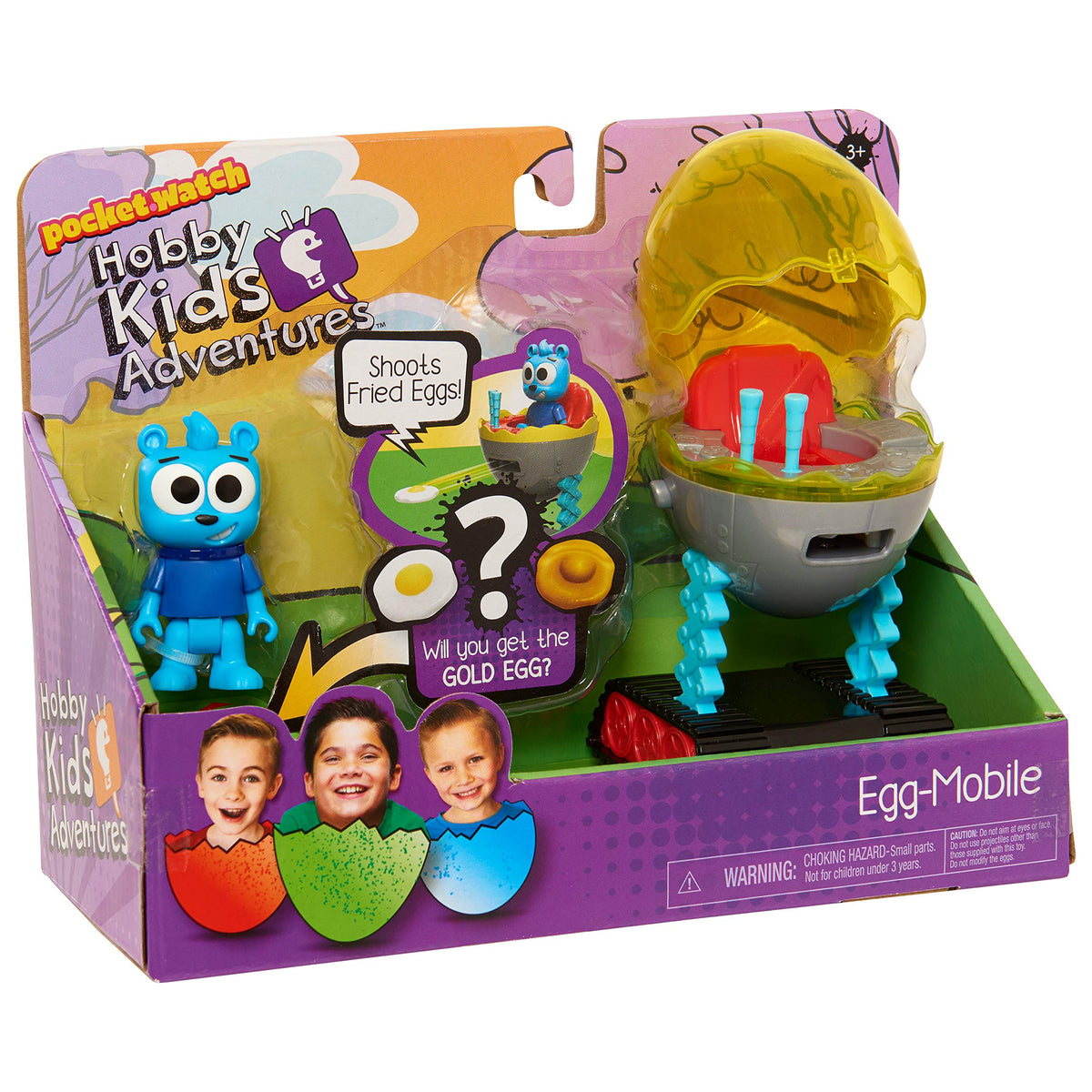 Egg vehicle set box at an angle with the blue bear figure and yellow egg shell