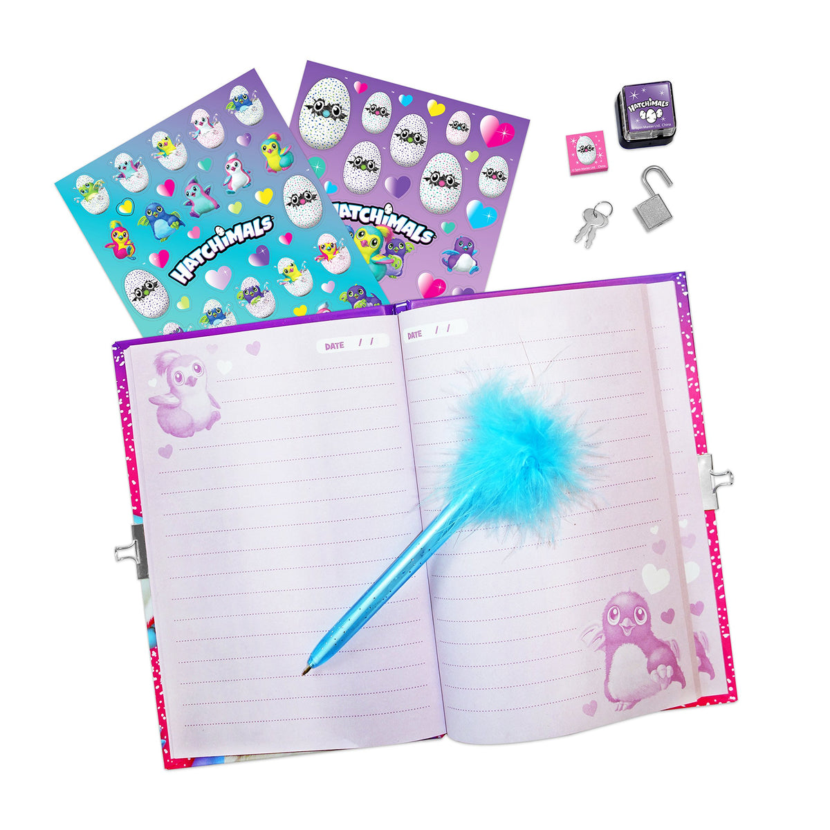 Open lined diary with a fluffy blue pen, two sticker sheets, stamper, ink pad, lock and keys