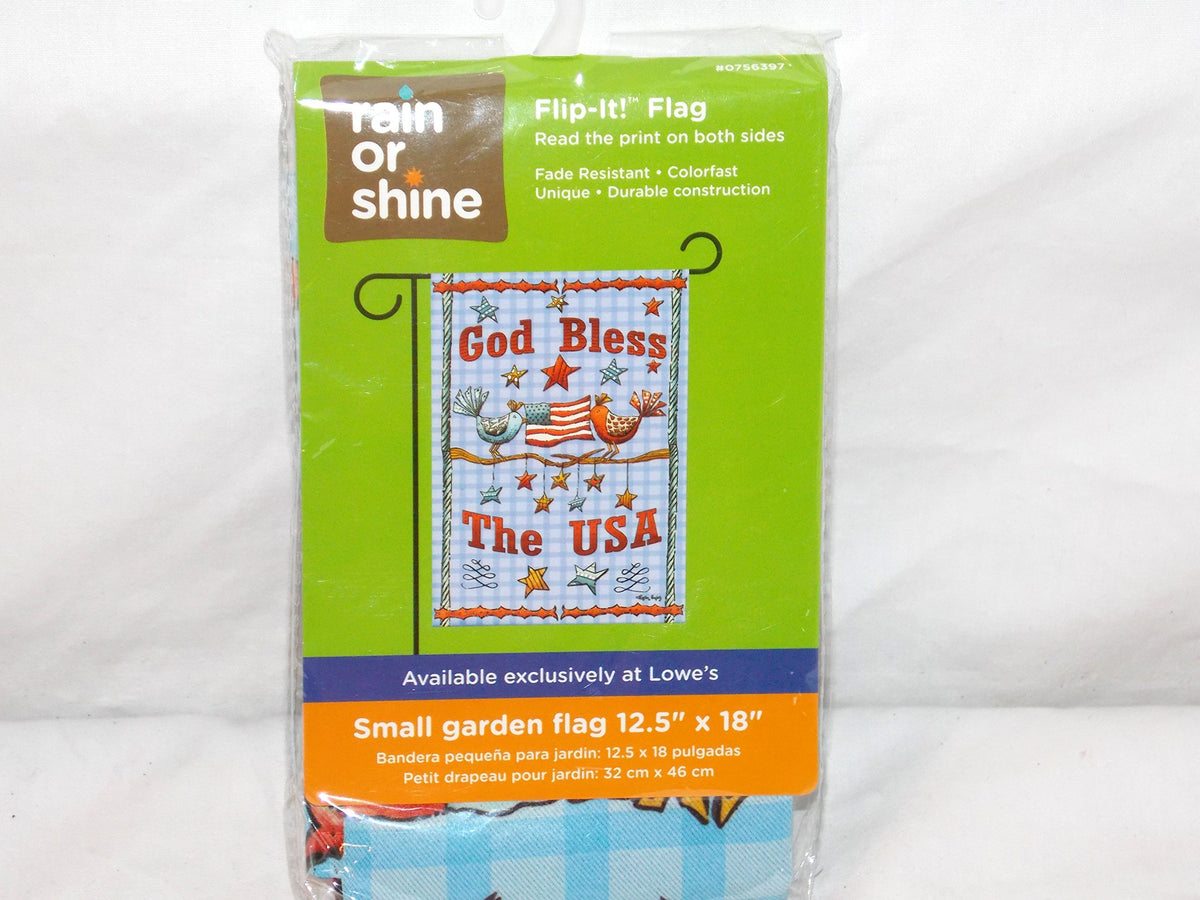 Packaged flip-it garden flag with the God Bless The USA birds design, 12.5 by 18 inches