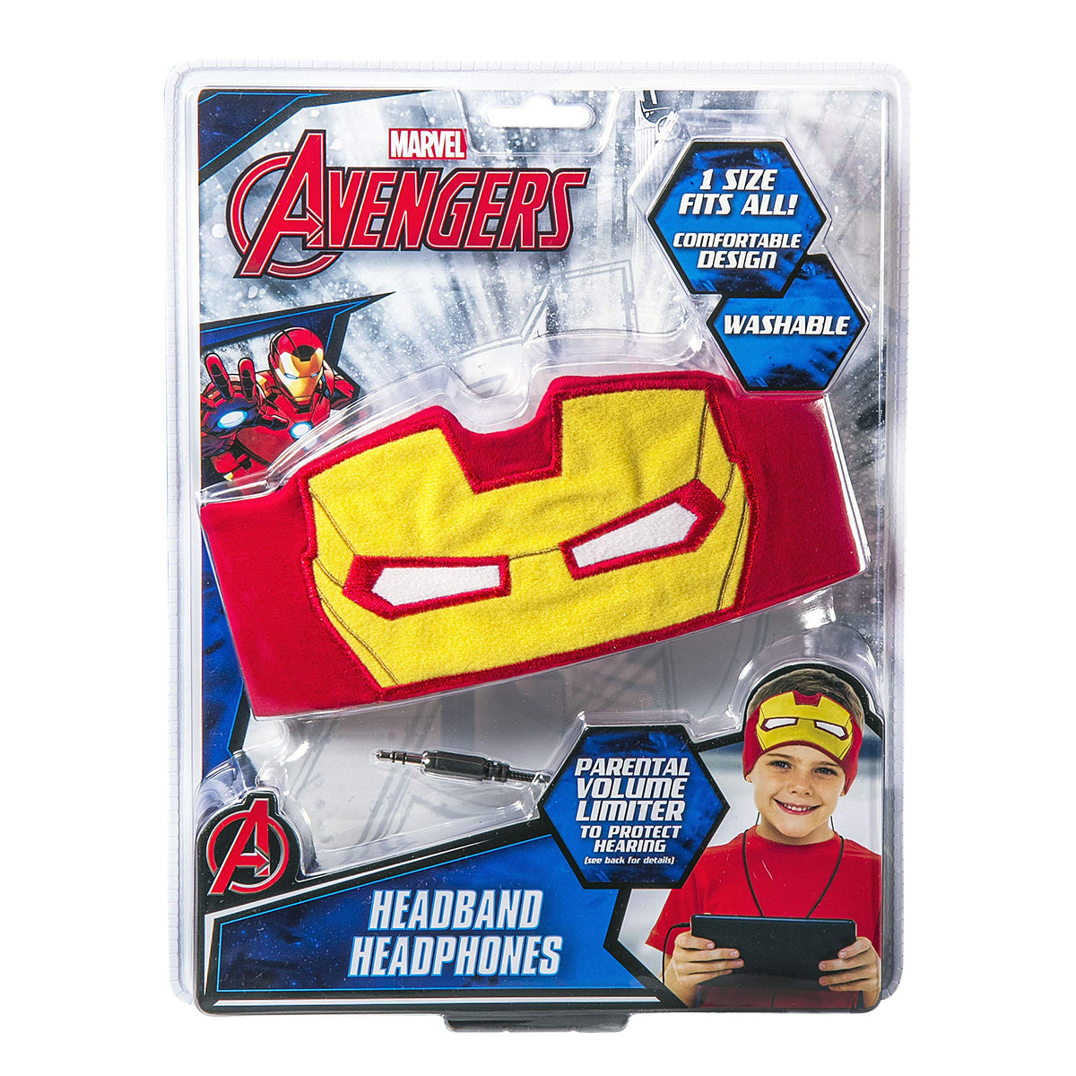 Front of the headband headphones package with the red and yellow mask and 3.5 mm plug
