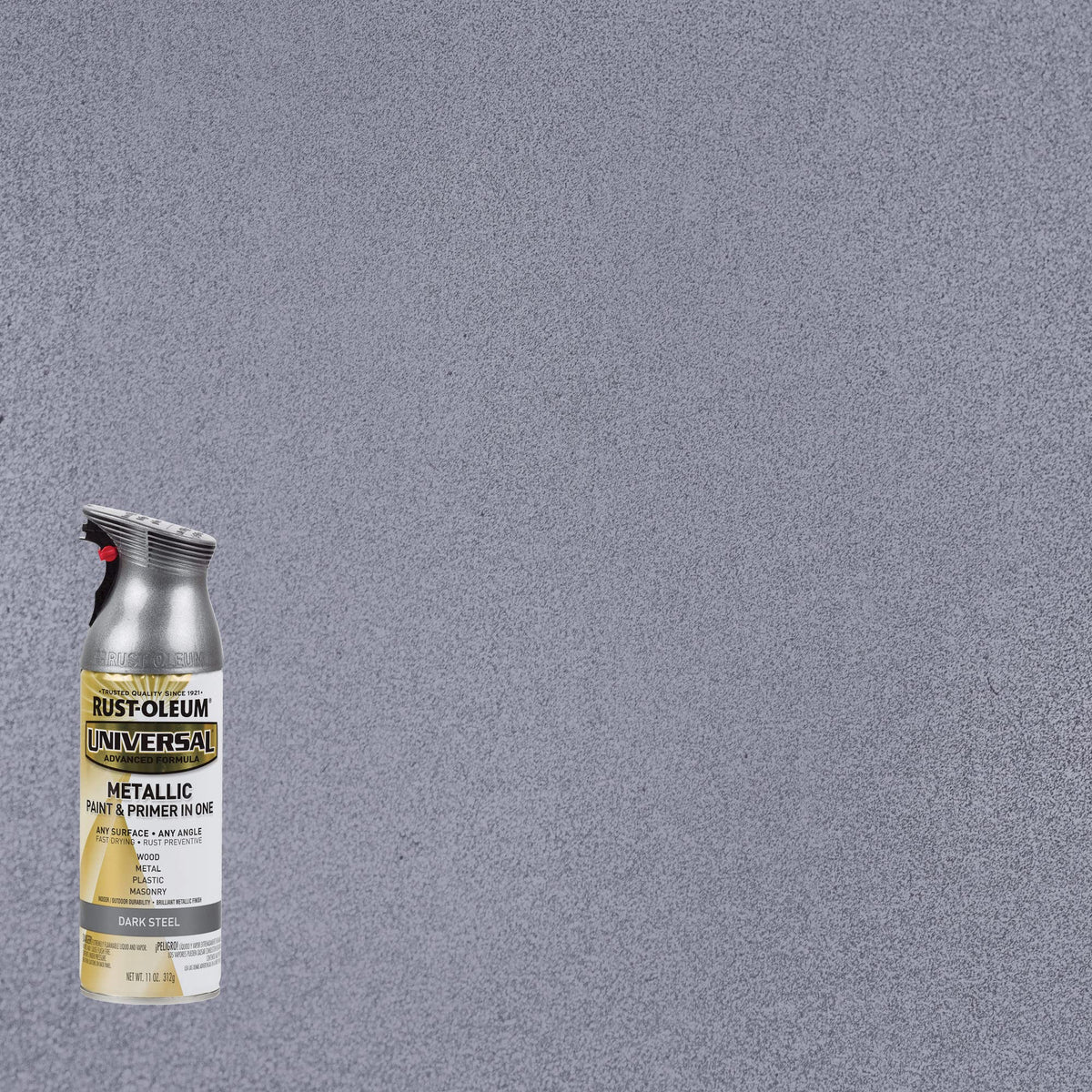 Dark steel paint can on a large swatch of the sparkling grey metallic finish