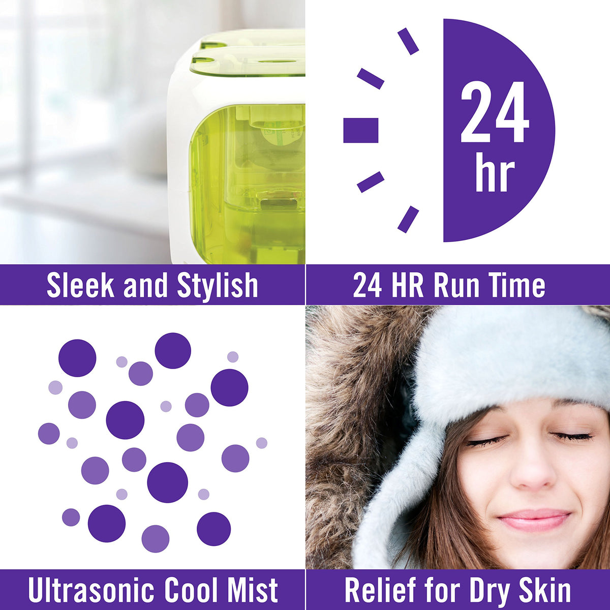 Feature tiles showing the green cube, 24 hour run time, cool mist and dry skin relief
