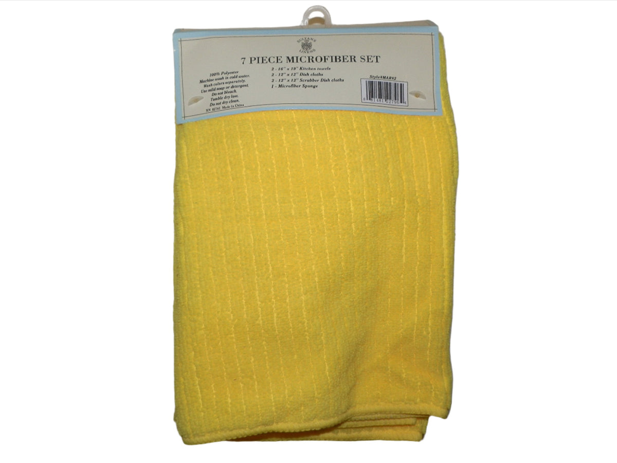 Yellow microfiber towel set with a label listing towels, dish cloths, scrubbers and a sponge
