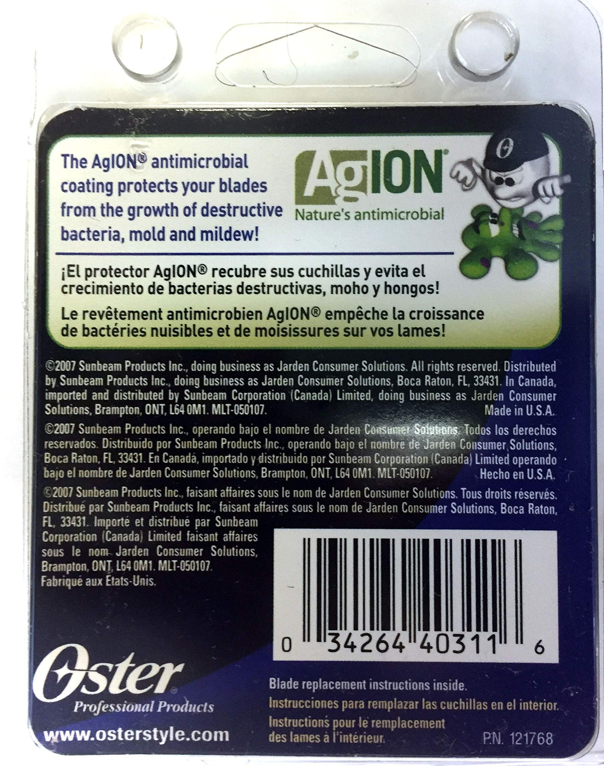 Back of the clipper blade pack describing the antimicrobial coating, with barcode