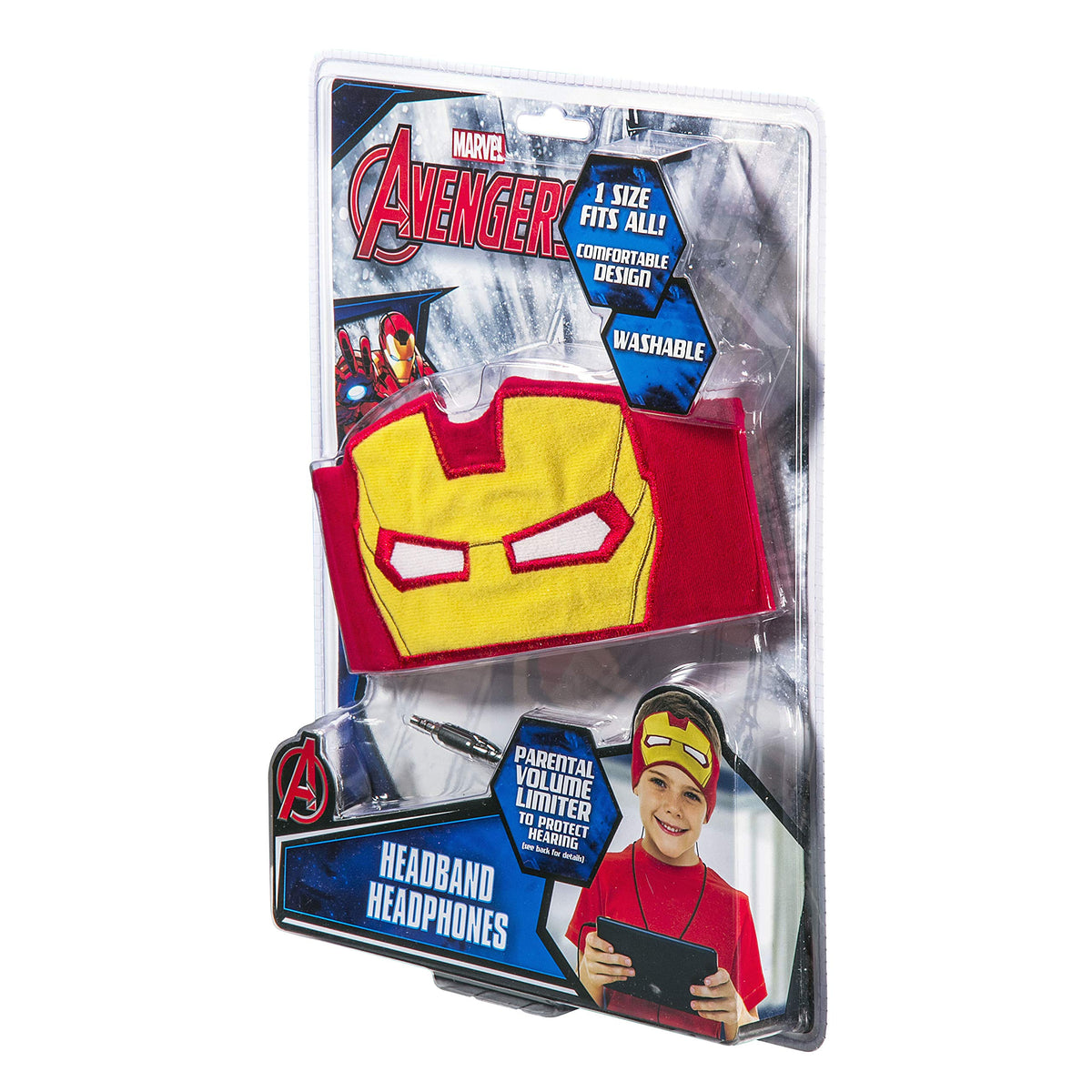 Packaged red and yellow mask headband headphones angled to the left