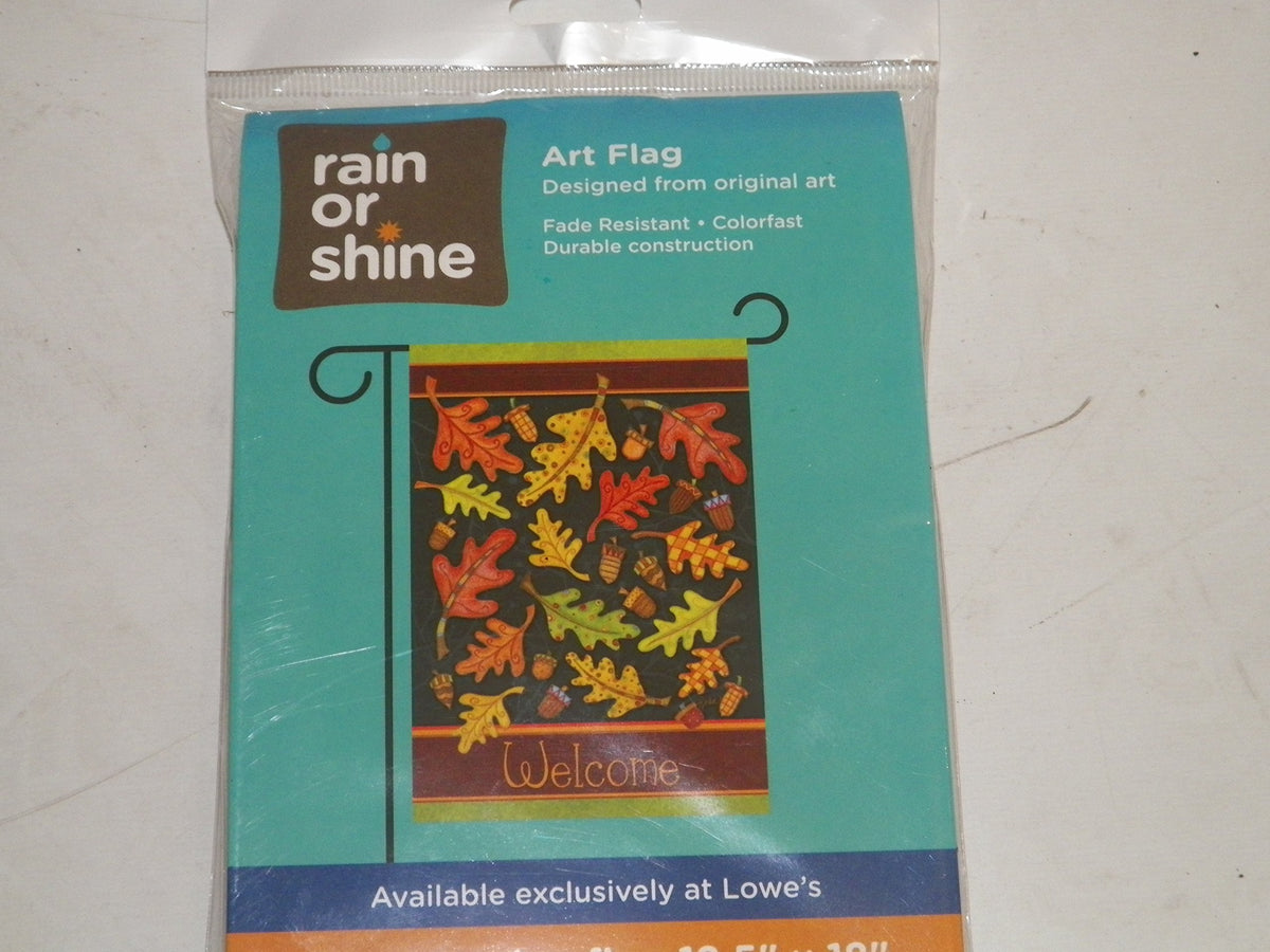 Front of the oak leaf and acorn Welcome flag in its teal package, angled shot