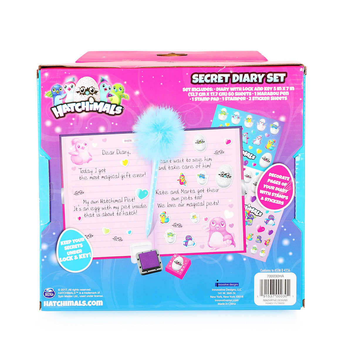 Back of the diary set box showing a decorated diary page and list of contents