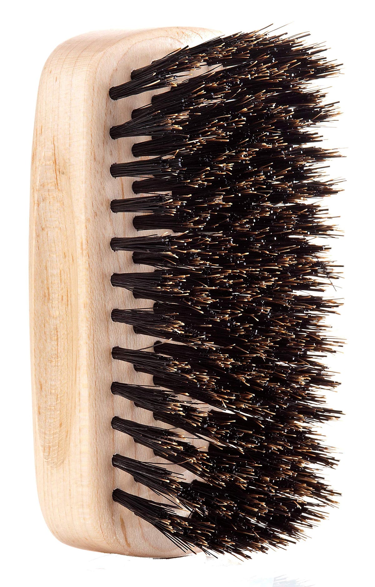 Side view of light beechwood beard brush with dense dark natural bristles