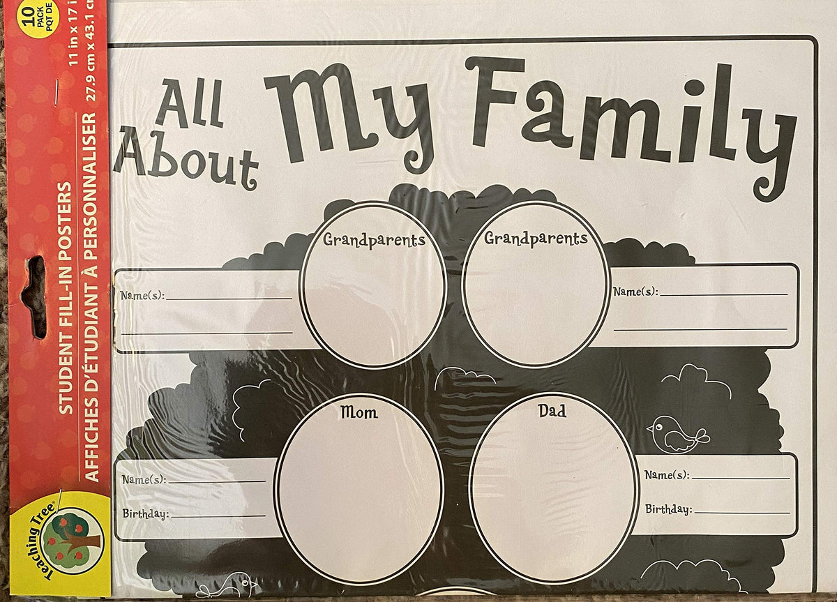 Black and white All About My Family fill-in poster with grandparent, mom and dad circles