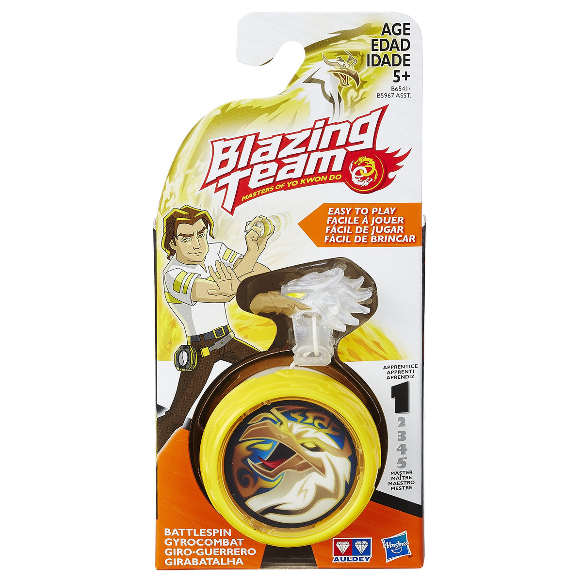 Yellow eagle battle yo-yo on its blister card with a cartoon hero, apprentice level 1