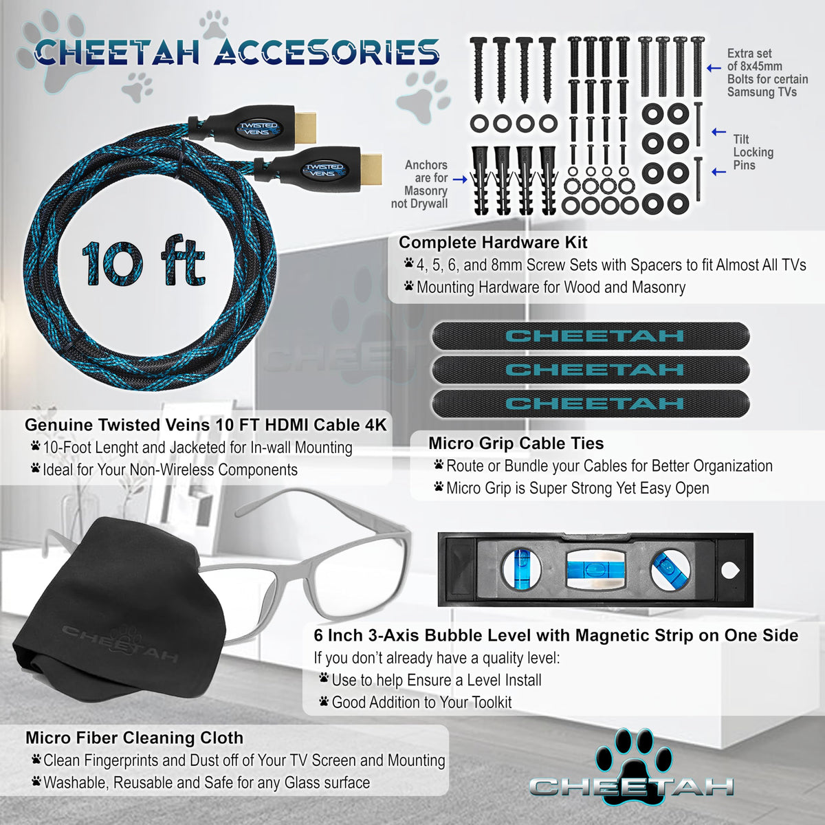 Included accessories: HDMI cable, hardware kit, cable ties, bubble level and cleaning cloth