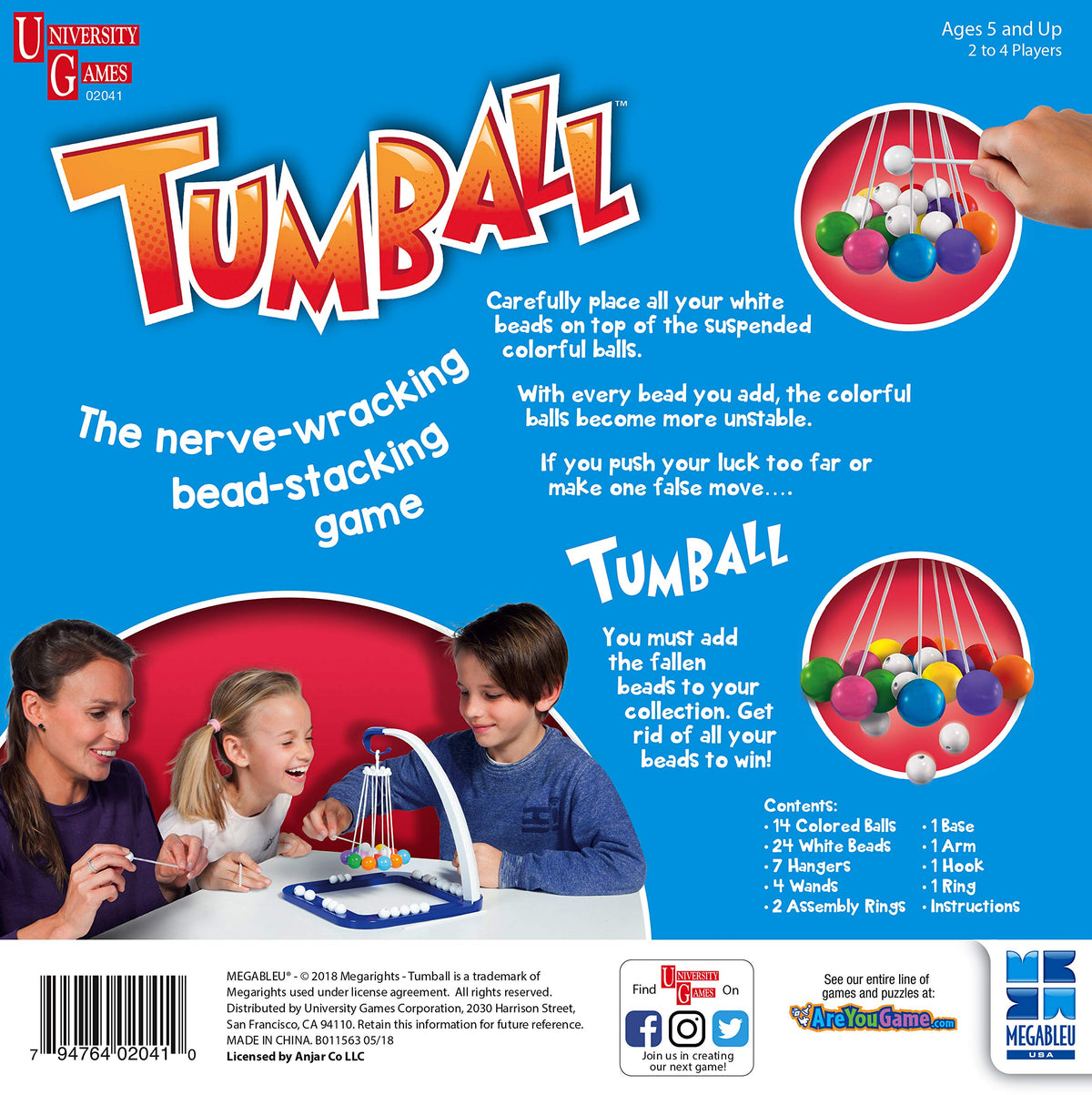 Back of the blue box with how to play, a family at the game and contents list