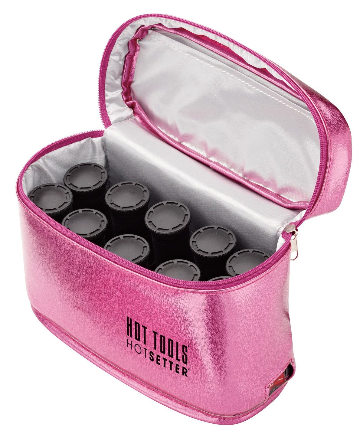 Hot Tools Hot Setter pink travel case open showing black heated hair rollers