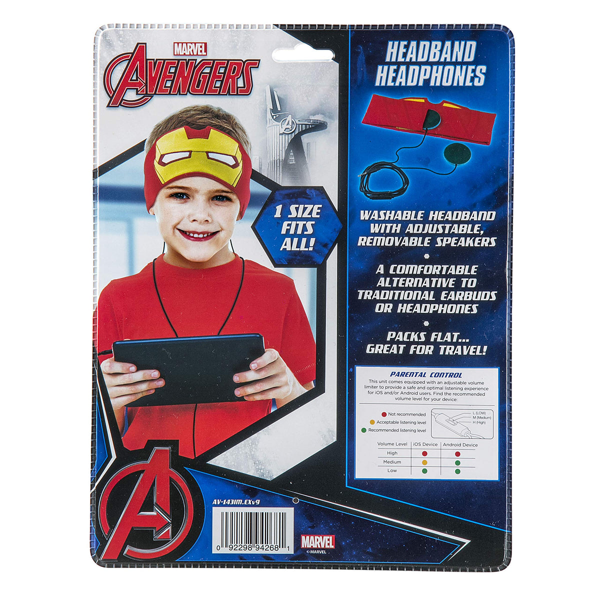 Back of the headphone package showing removable speakers, a boy wearing it and a parental volume chart