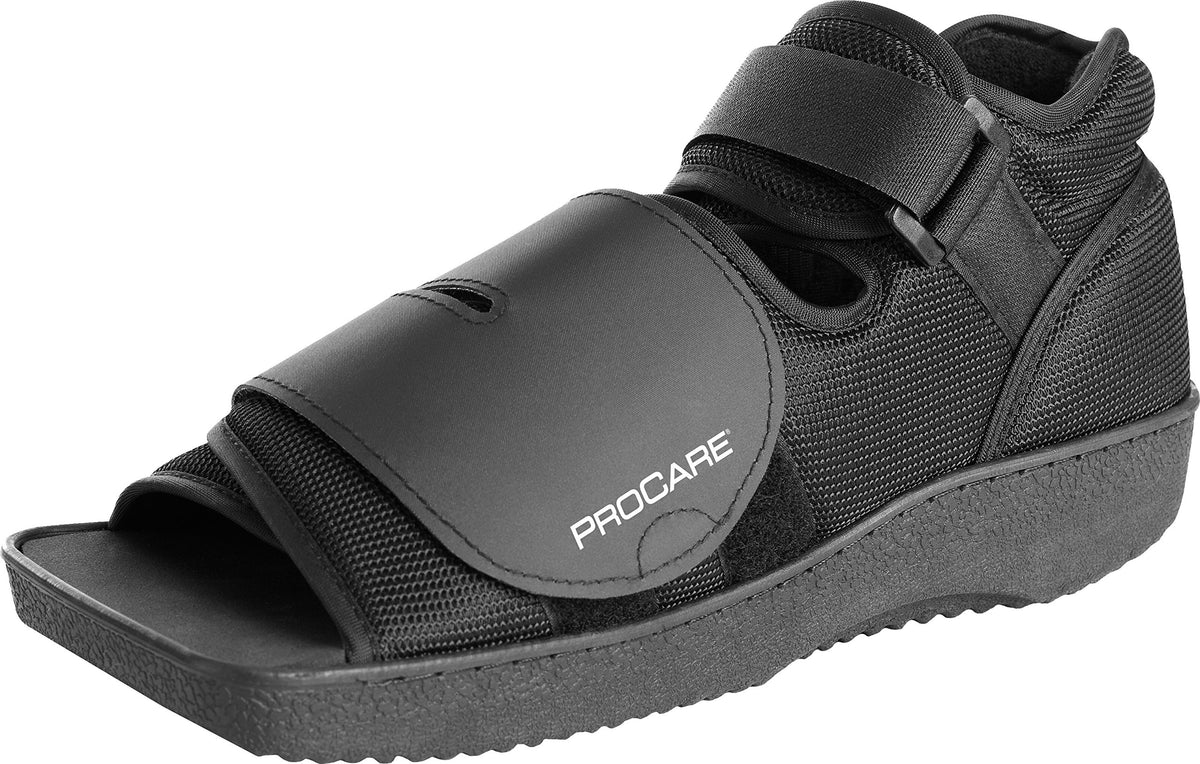Black open-toe post-op shoe with a padded forefoot flap and ankle strap