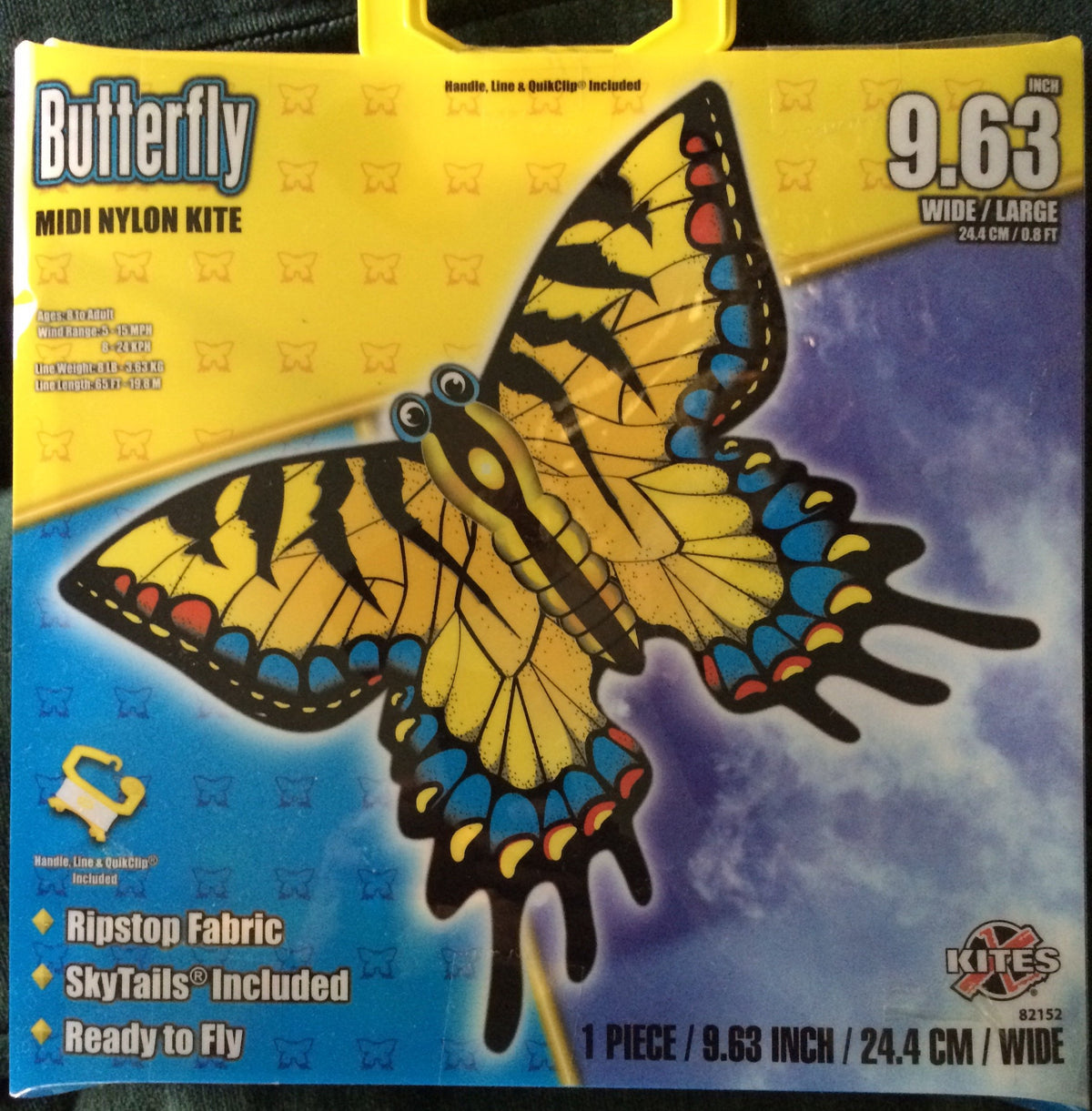 Yellow swallowtail butterfly kite package, 9.63 inches wide, handle and line included