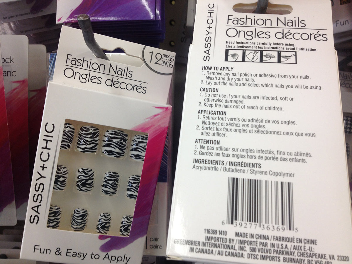 Sassy and Chic black and white zebra print press-on nails, 12 pieces, box front and back