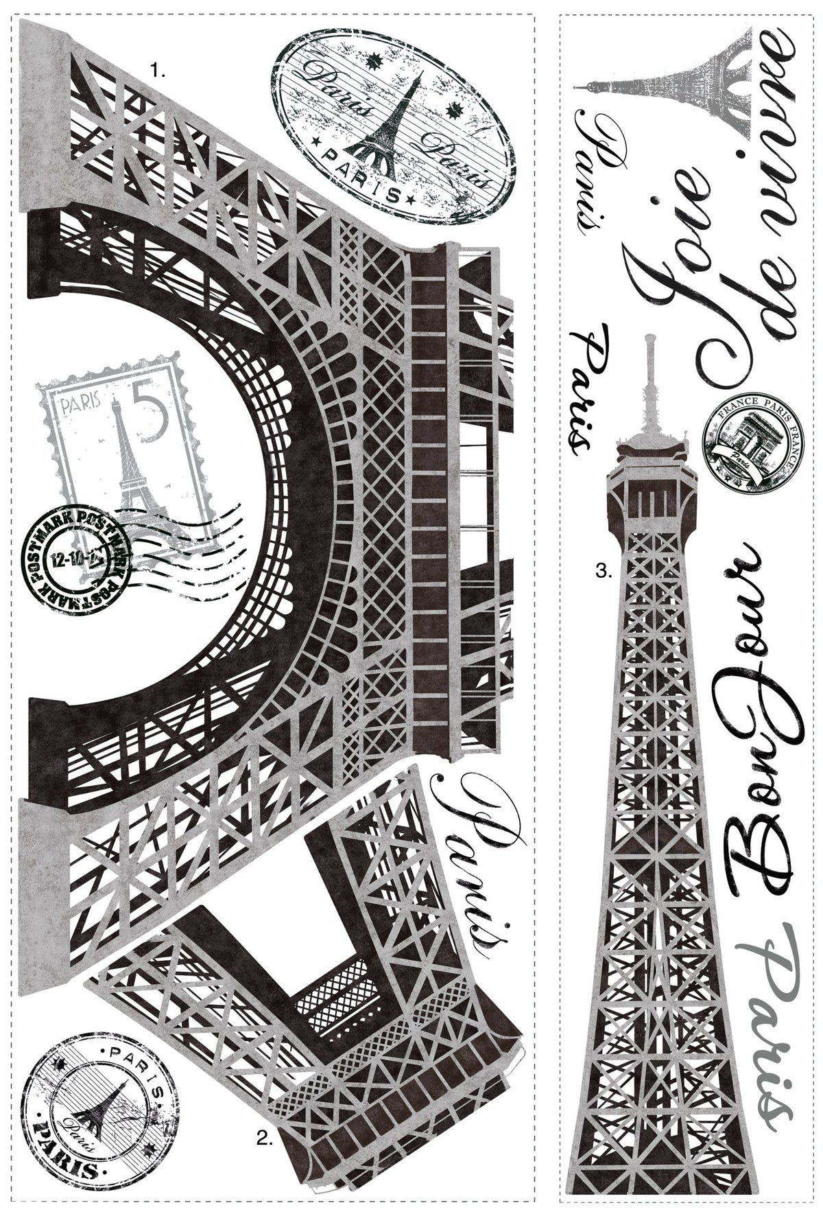 Two decal sheets with tower sections, Paris stamps, Bonjour and Joie de vivre script