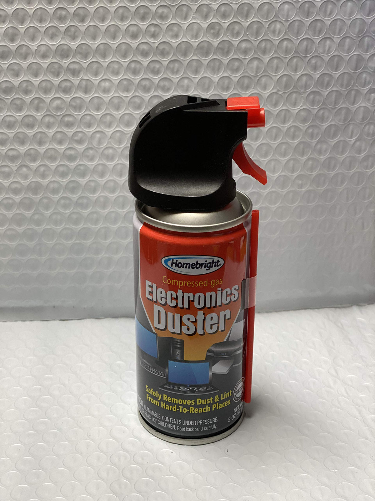 Homebright compressed-gas electronics duster can with black trigger nozzle and red straw