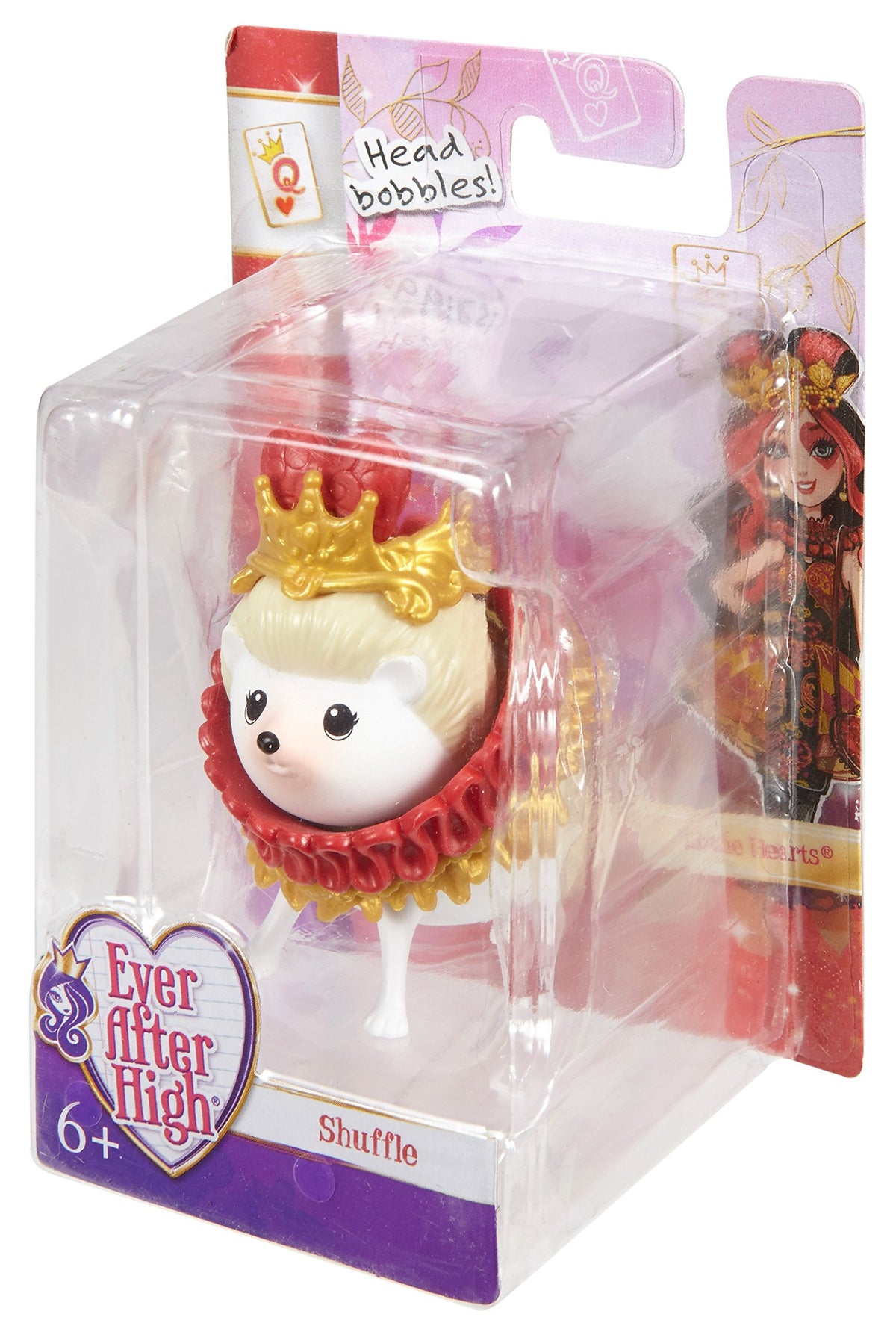 Angled view of boxed Shuffle hedgehog with Lizzie Hearts art on the card