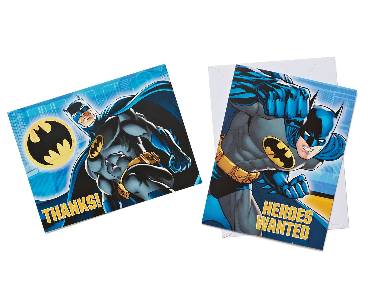 Batman Thanks postcard beside a Heroes Wanted invitation on a white envelope