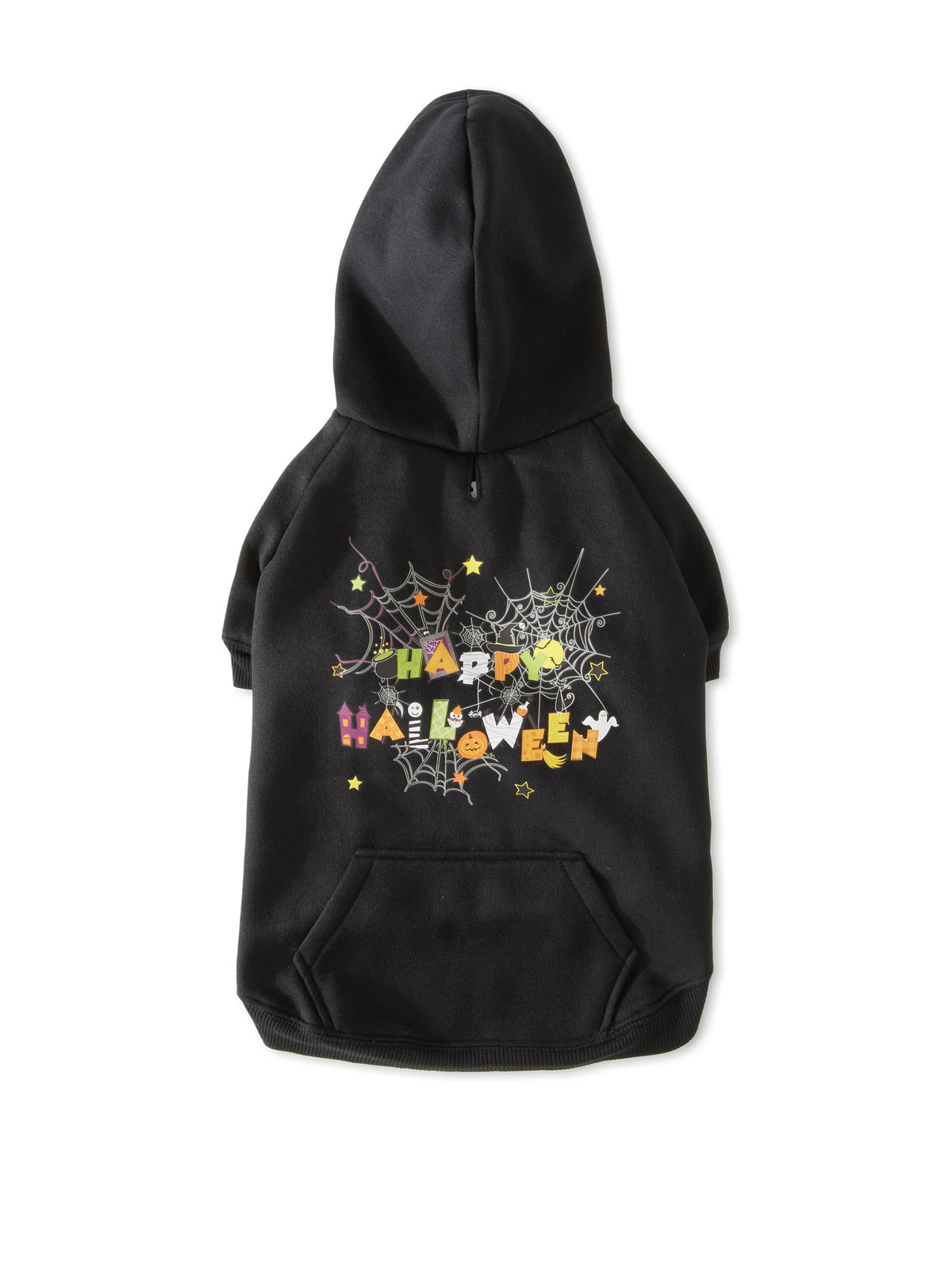 Black dog hoodie laid flat with a Happy Halloween print of webs, pumpkins and a ghost, and a front pocket