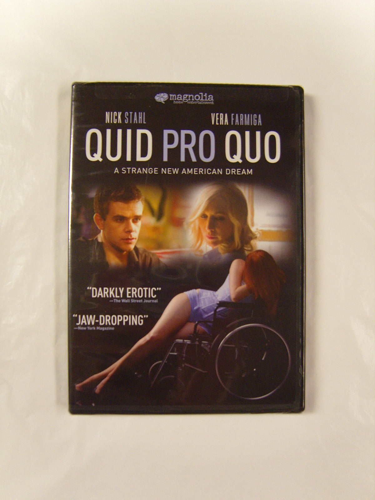 Sealed DVD case with two actors' faces above a woman draped across a wheelchair