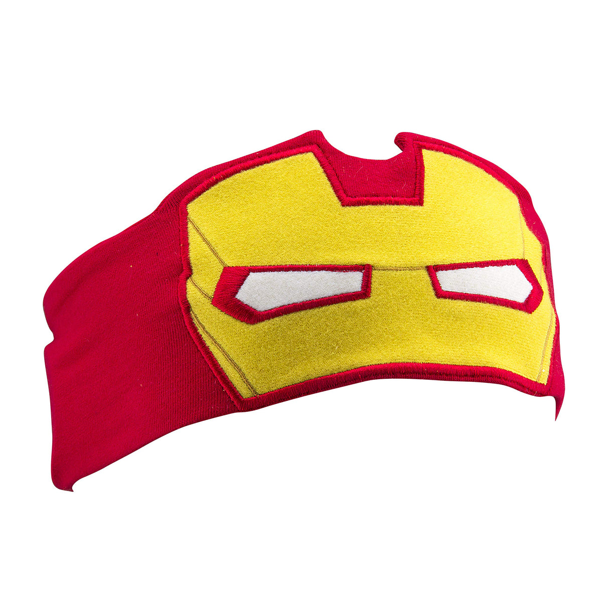 Angled view of the red headband with yellow felt mask and white eye slits