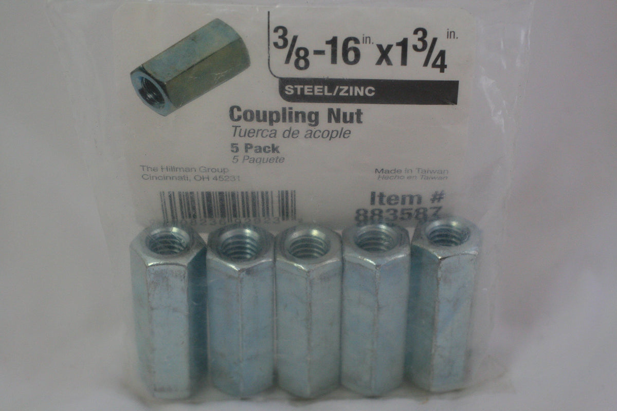 Bag of five 3/8-16 by 1-3/4 inch zinc coupling nuts