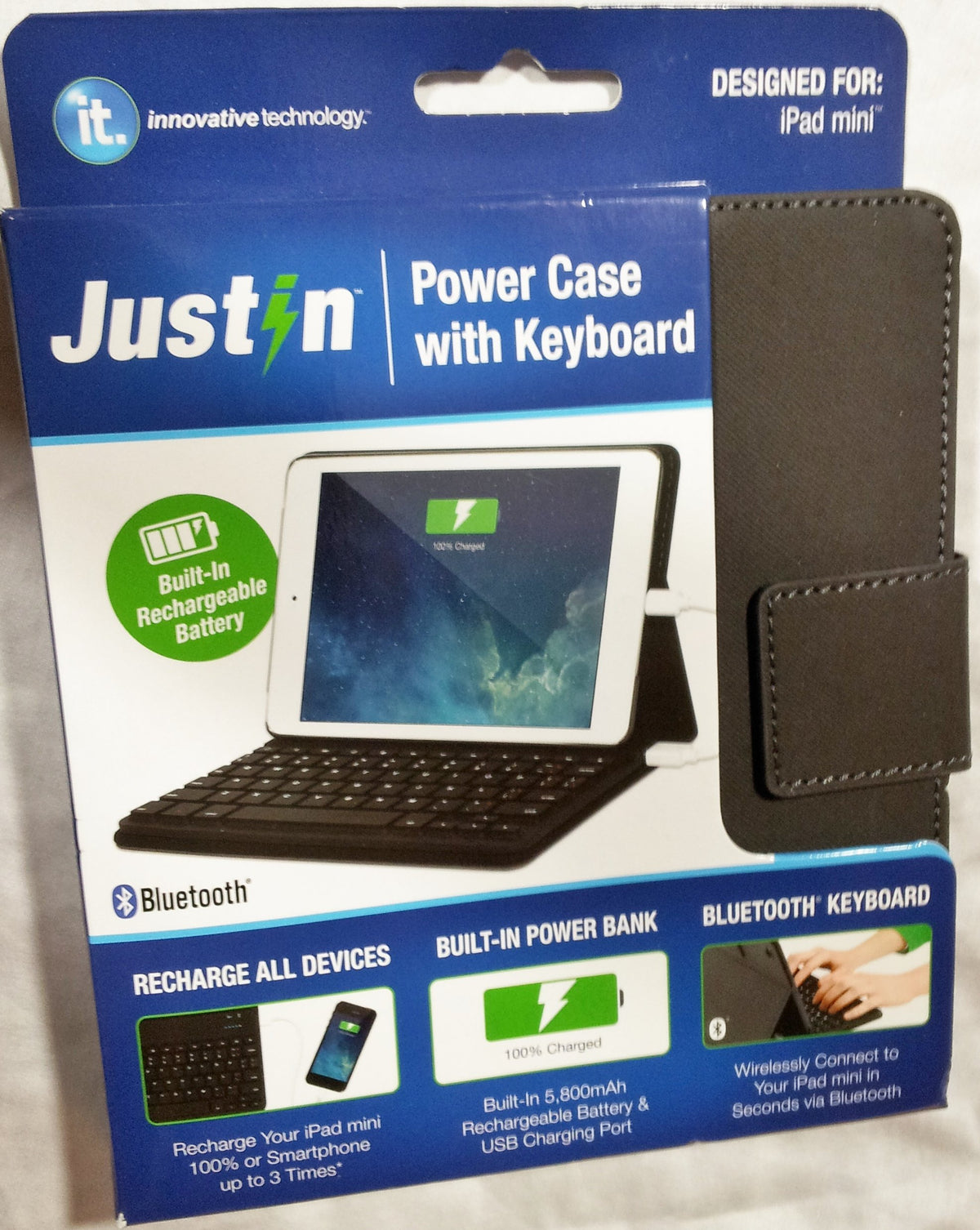 Boxed black iPad mini keyboard case with built-in 5,800mAh battery
