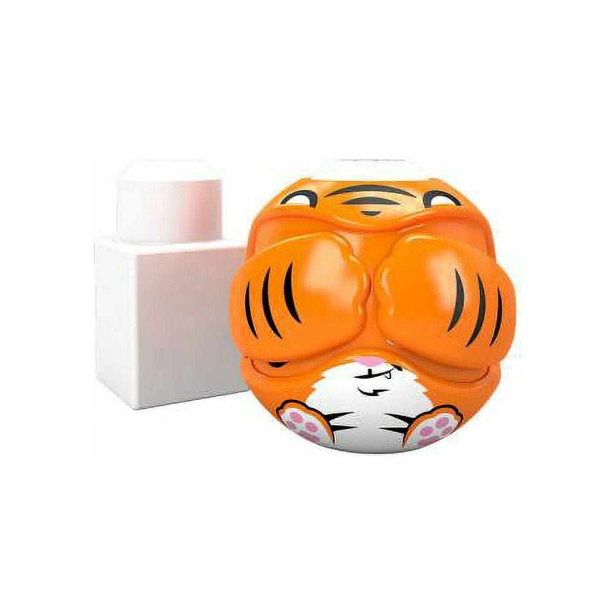 Orange striped tiger block with paws covering its eyes beside a white building block