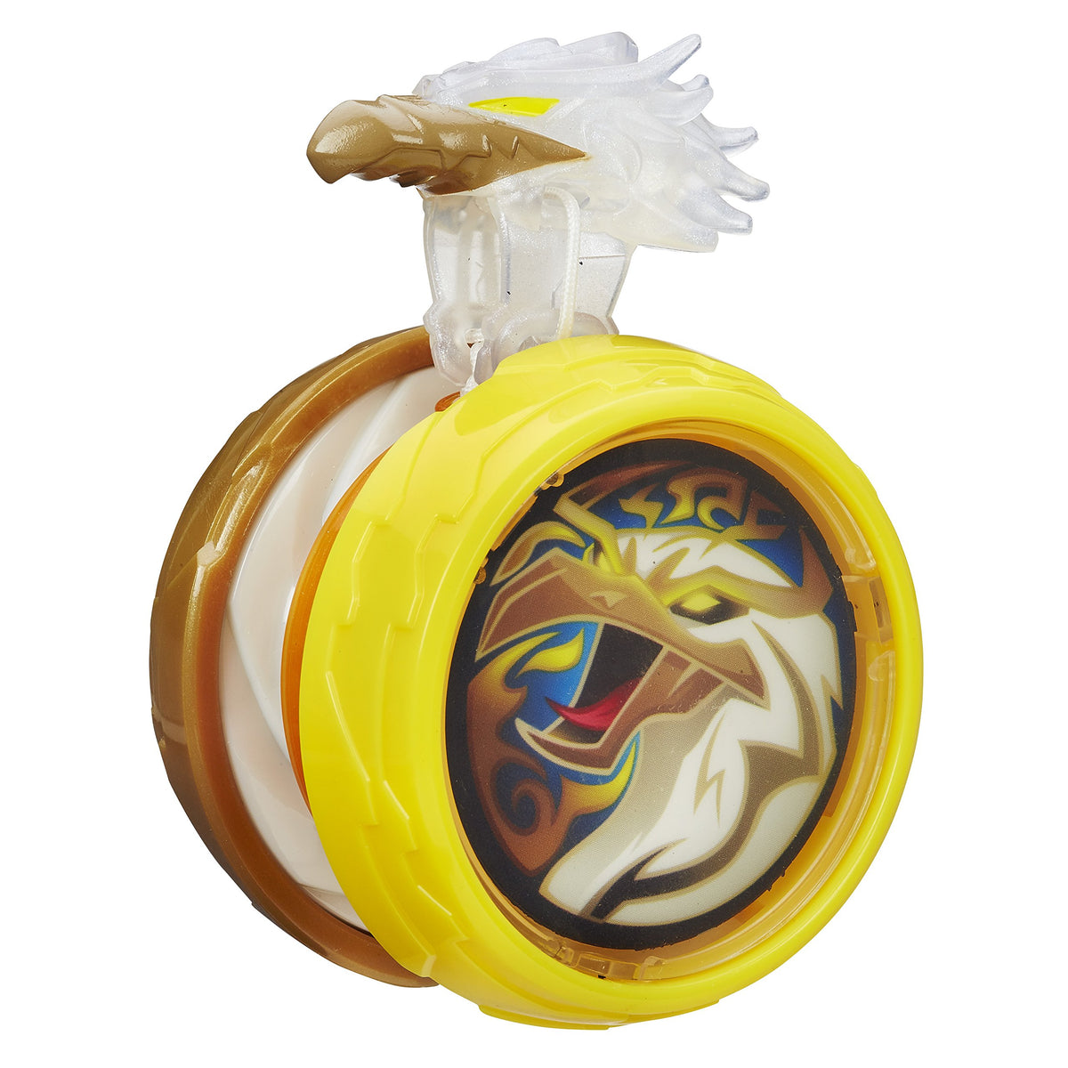 Yellow and gold yo-yo with an eagle face disc and a clear white eagle-head clip