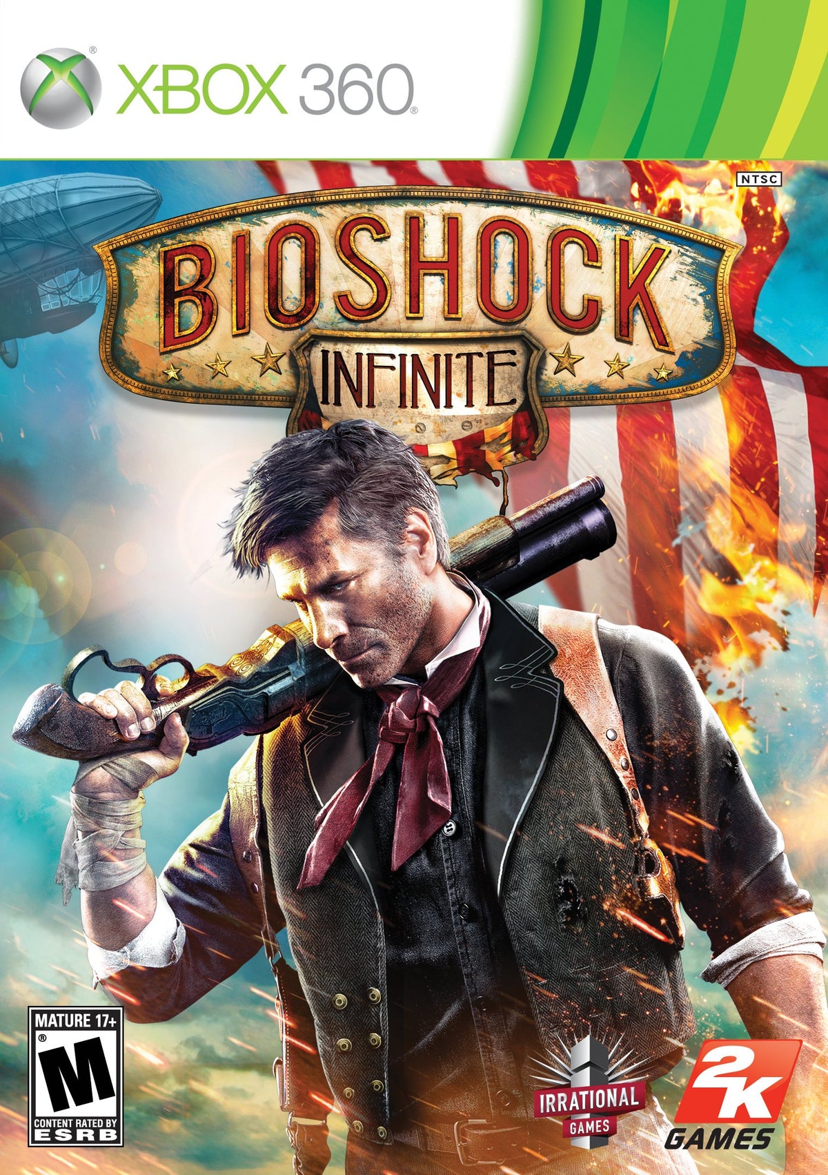 Xbox 360 game cover of a man in a waistcoat with a shotgun on his shoulder, rated M
