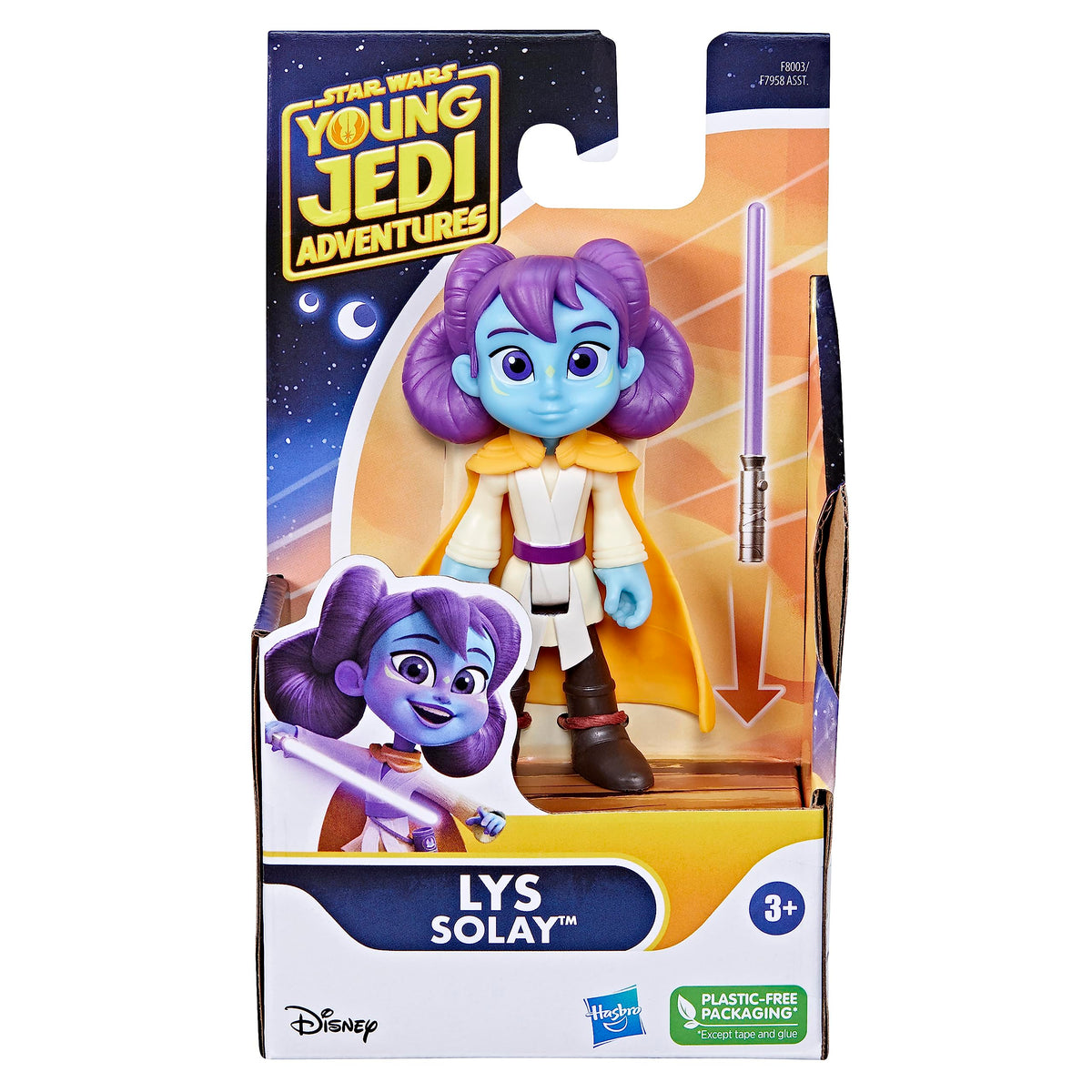 Front of the figure box with the purple-haired Jedi in a yellow cape and a separate lightsaber