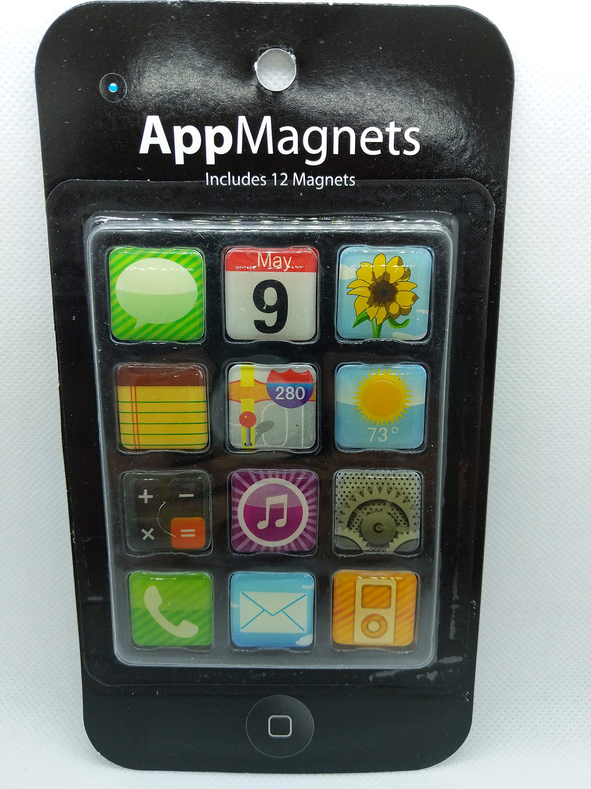 Phone-shaped card holding 12 glossy app icon magnets, with a home button at the bottom