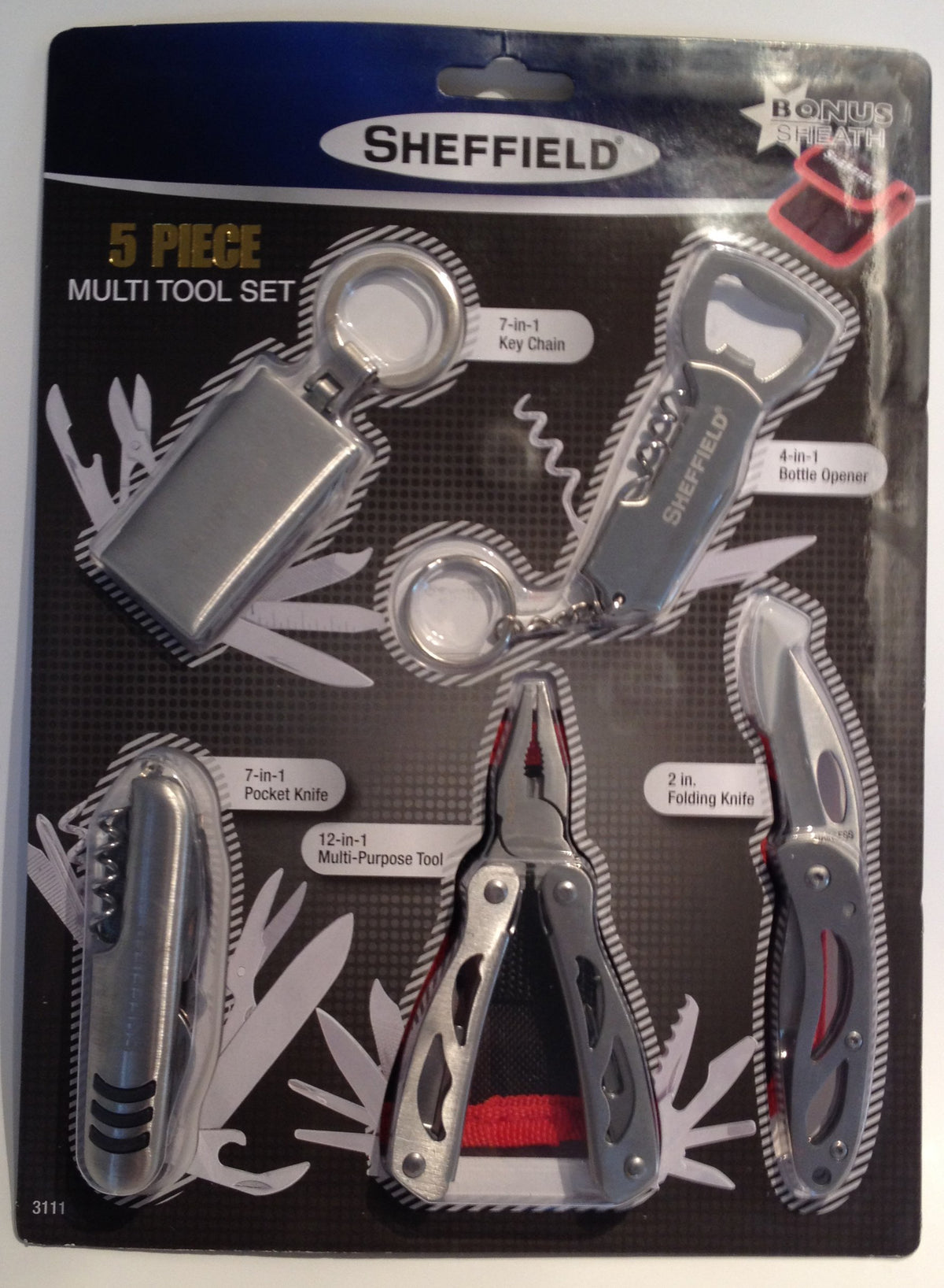 Sheffield 5-piece multi-tool set in its blister pack, front view