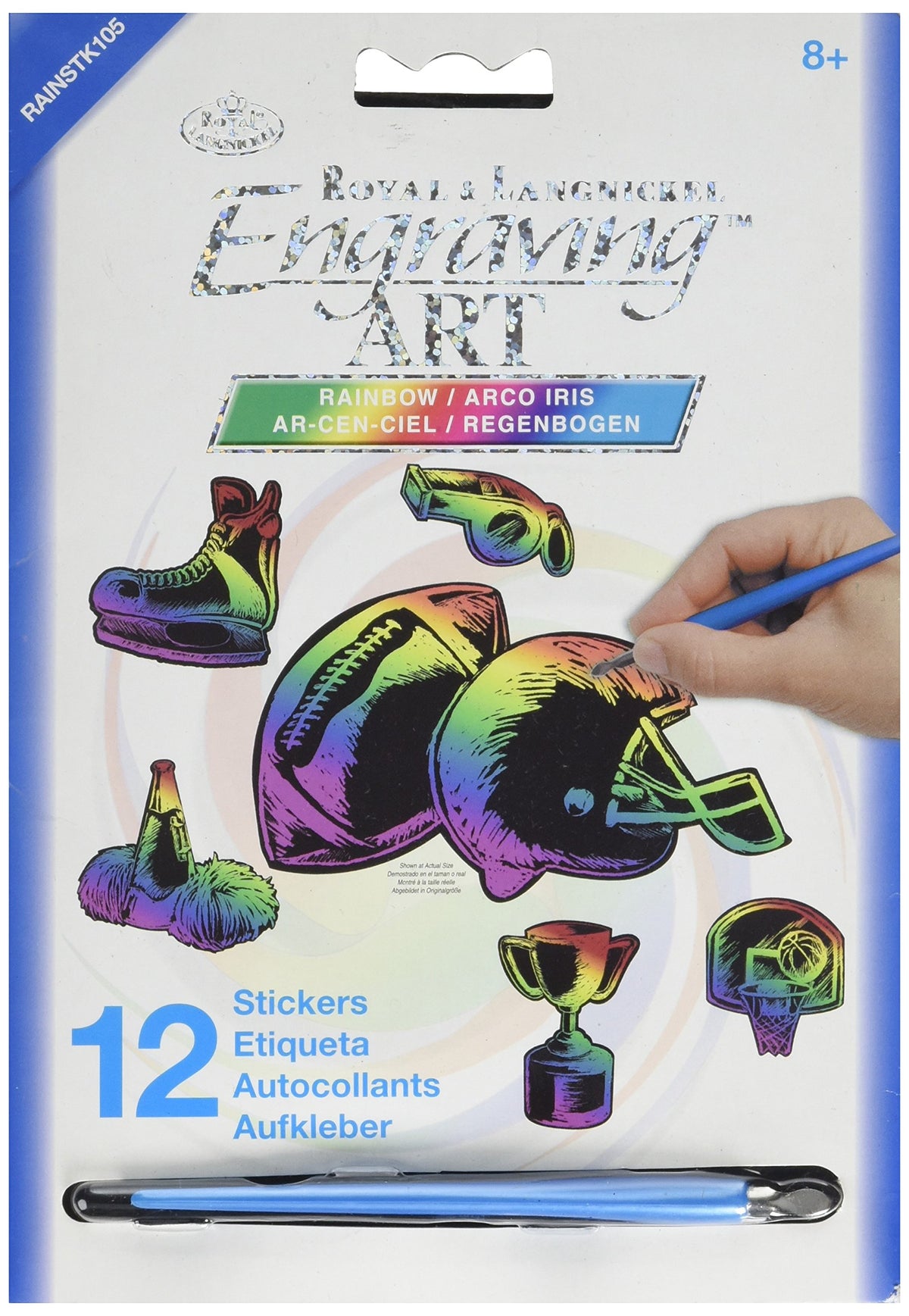Royal and Langnickel rainbow engraving art sports stickers, 12 pack with scratch tool