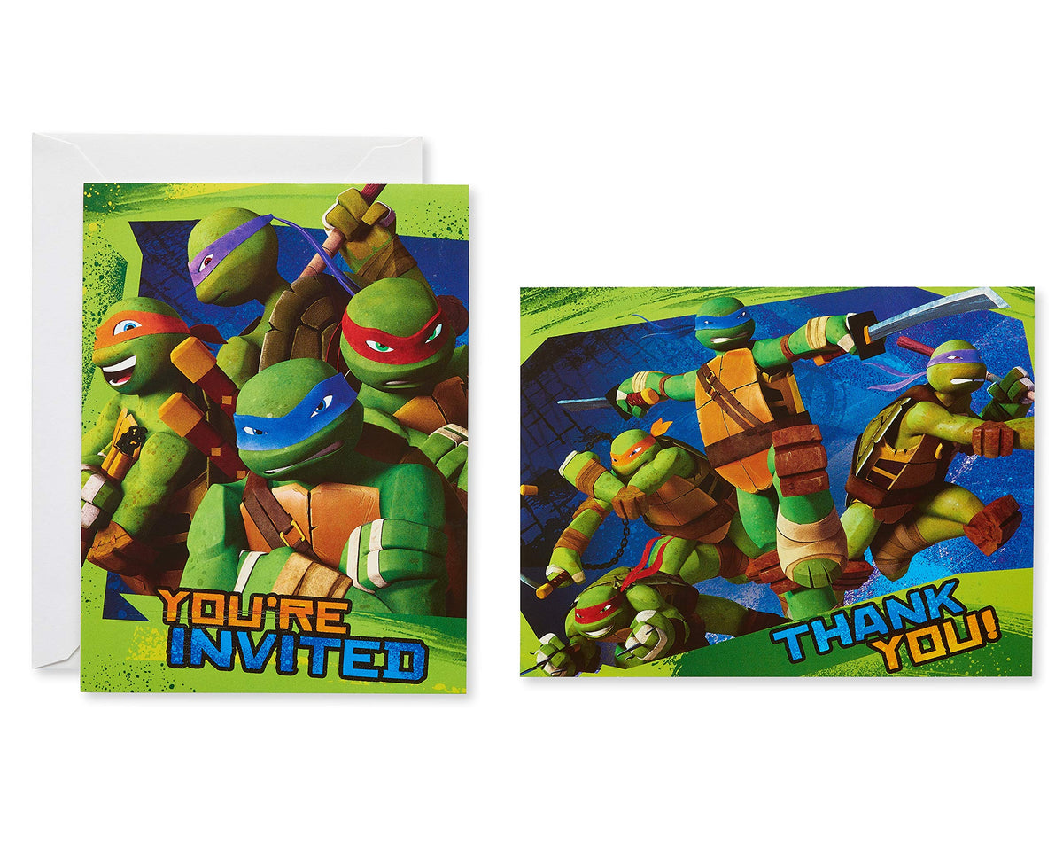 Green Ninja Turtles You're Invited card with envelope beside a Thank You postcard