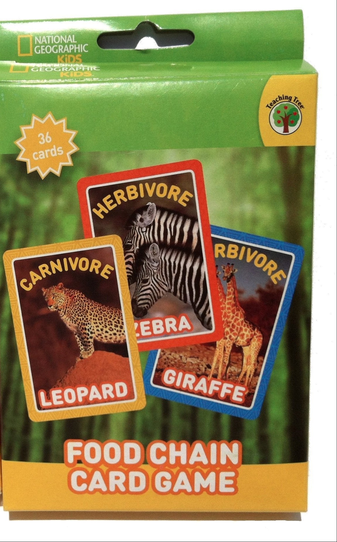 36-card food chain card game box with leopard, zebra and giraffe cards