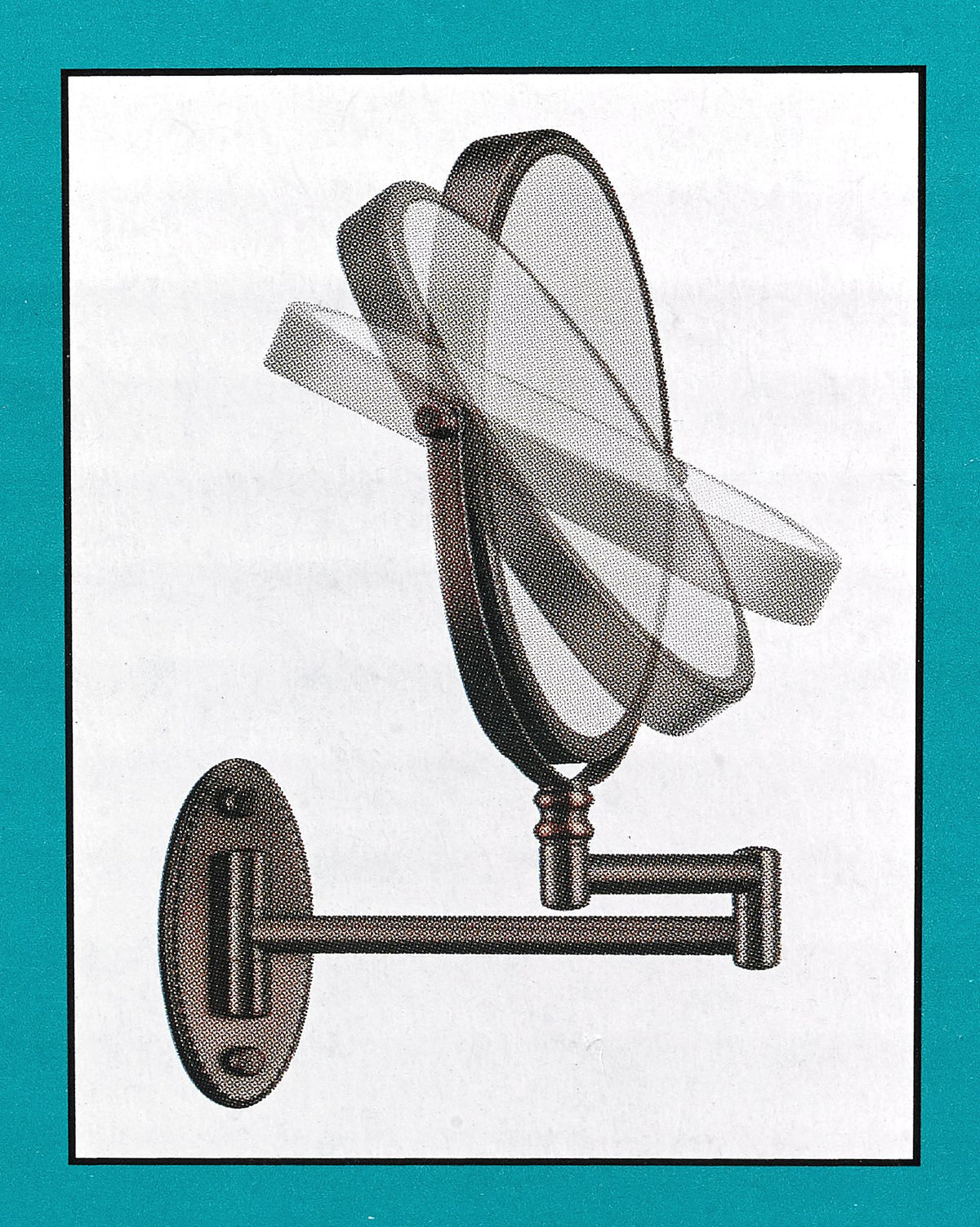 Box illustration of the oval wall mirror swivelling on its extension arm