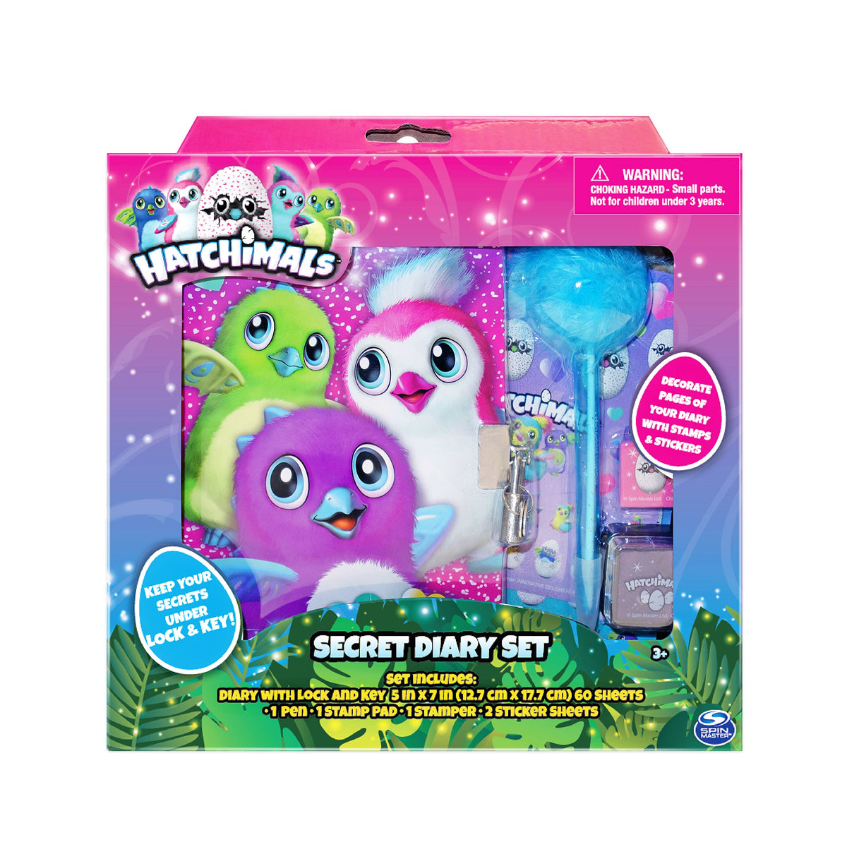 Pink boxed secret diary set with a furry creature cover diary, fluffy blue pen and stamp