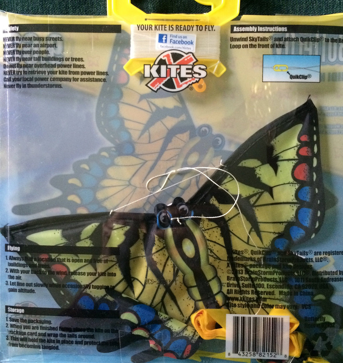 Back of the butterfly kite package with safety, flying and storage instructions