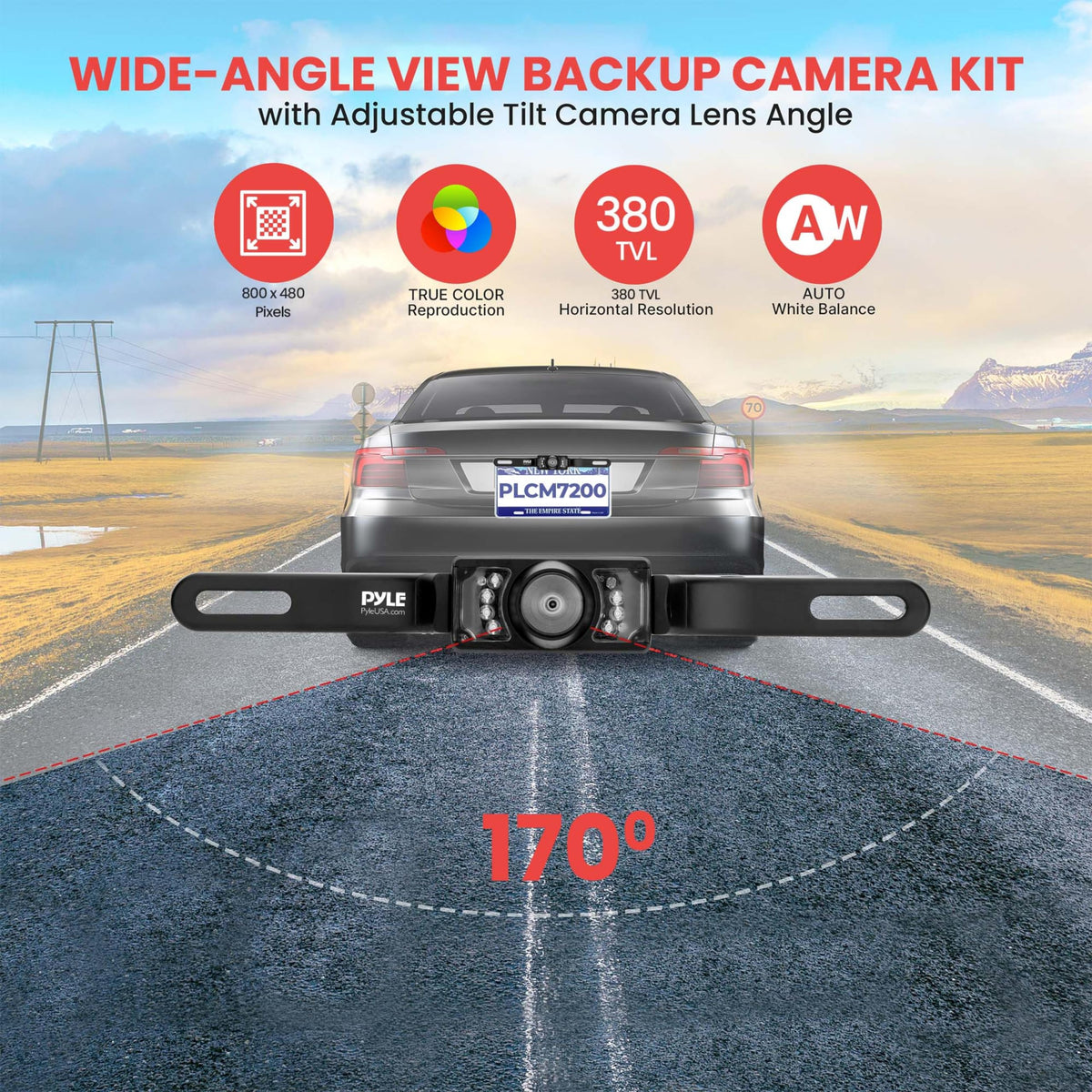 License plate camera on the back of a grey car showing a 170 degree viewing angle