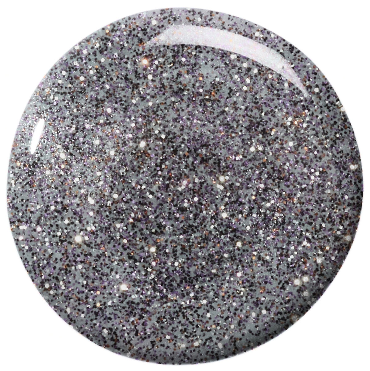 Close-up swatch of grey gel polish packed with silver, purple and copper glitter