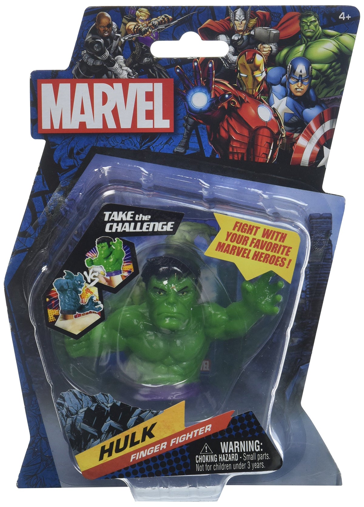 Green Hulk finger fighter toy in a blister card with Avengers artwork