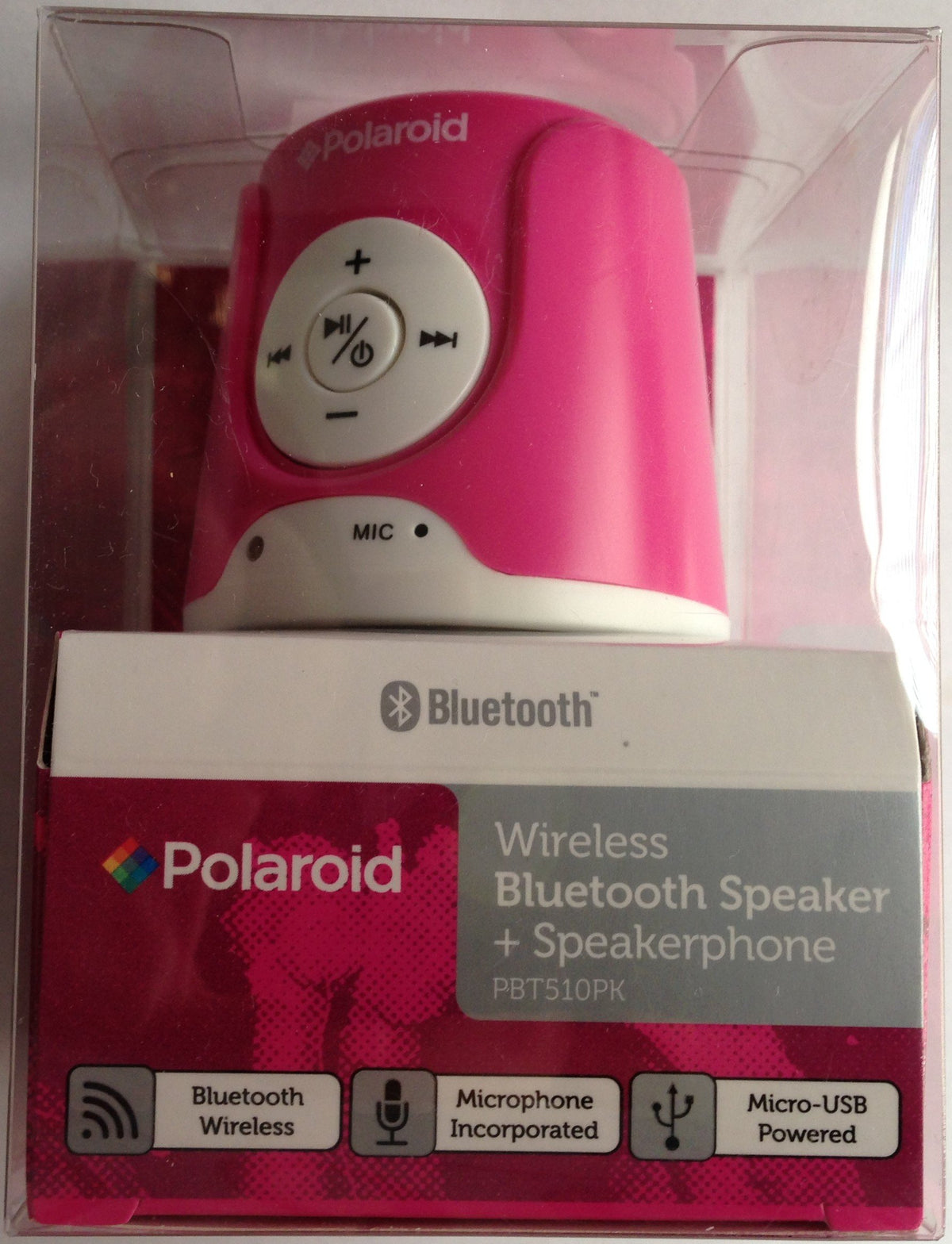 Boxed pink and white round Bluetooth speaker with a control pad and microphone