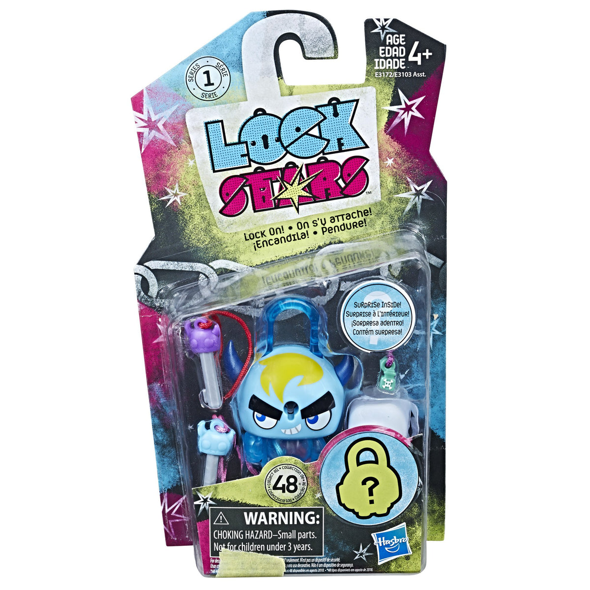 Carded blue horned monster padlock toy with keys and charms, series 1