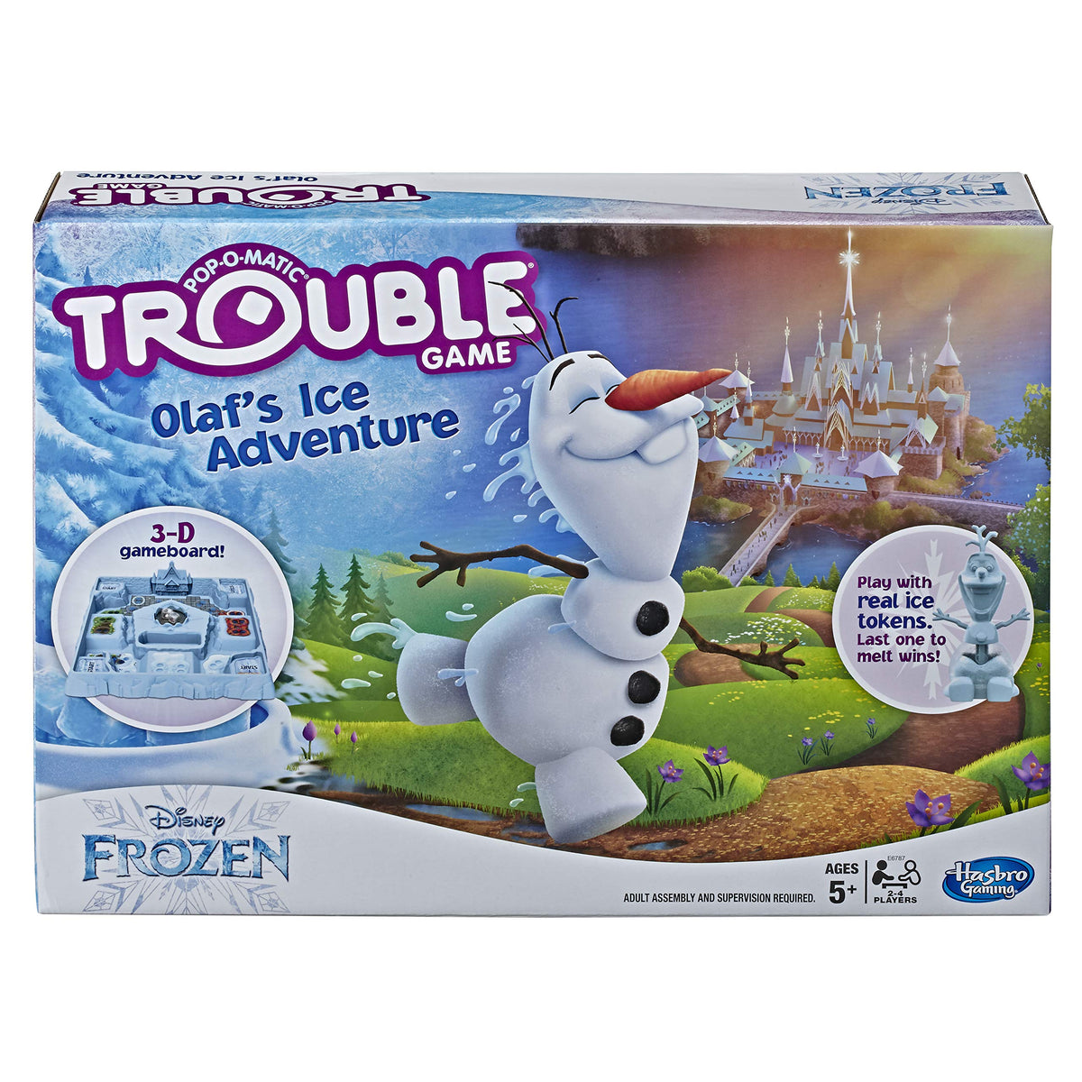 Front of the Trouble Olaf's Ice Adventure box with a smiling Olaf and Arendelle castle
